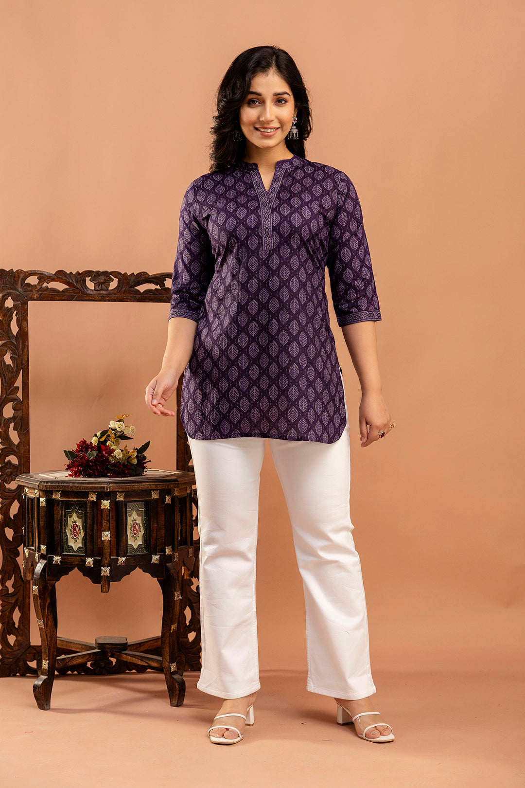 Purple Printed Straight Tunic With Three Quarter Sleeves