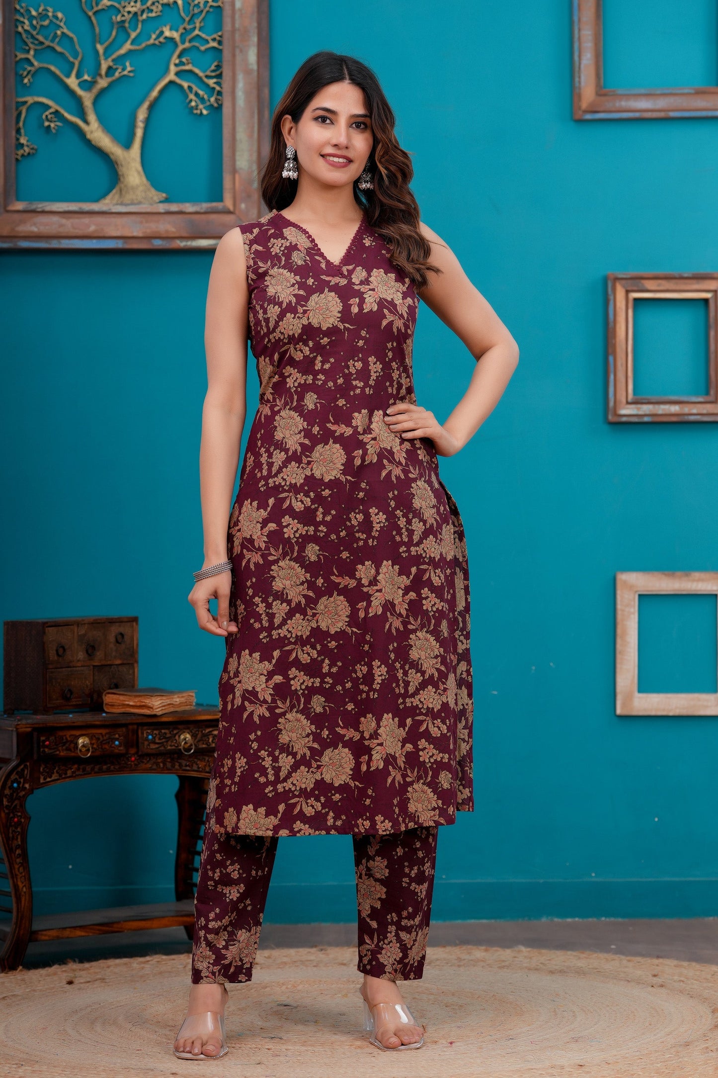 Burgundy Printed Straight Kurta Set With Dupatta