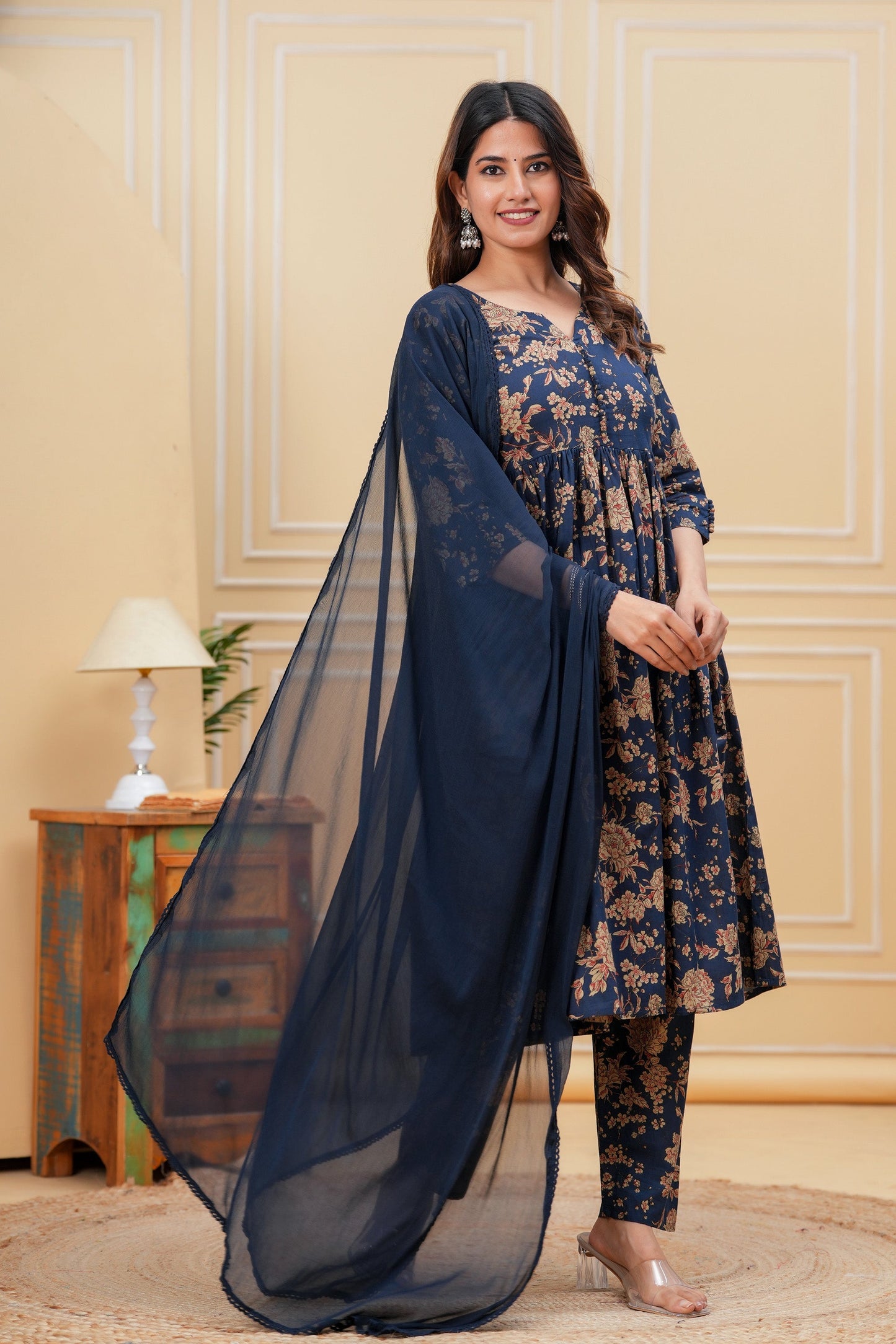 Navy Blue Printed Anarkali Kurta Set With Dupatta