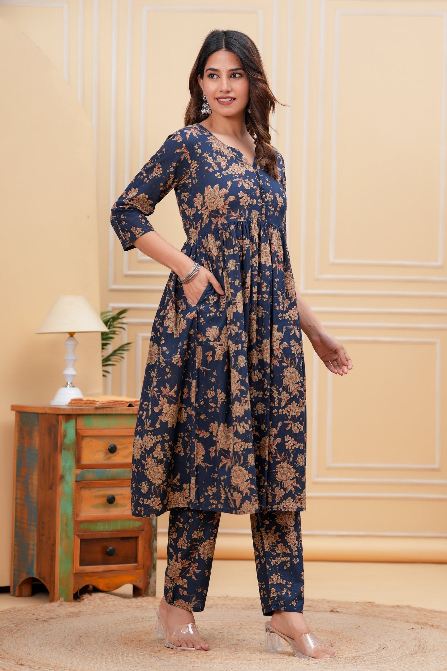 Navy Blue Printed Anarkali Kurta Set With Dupatta