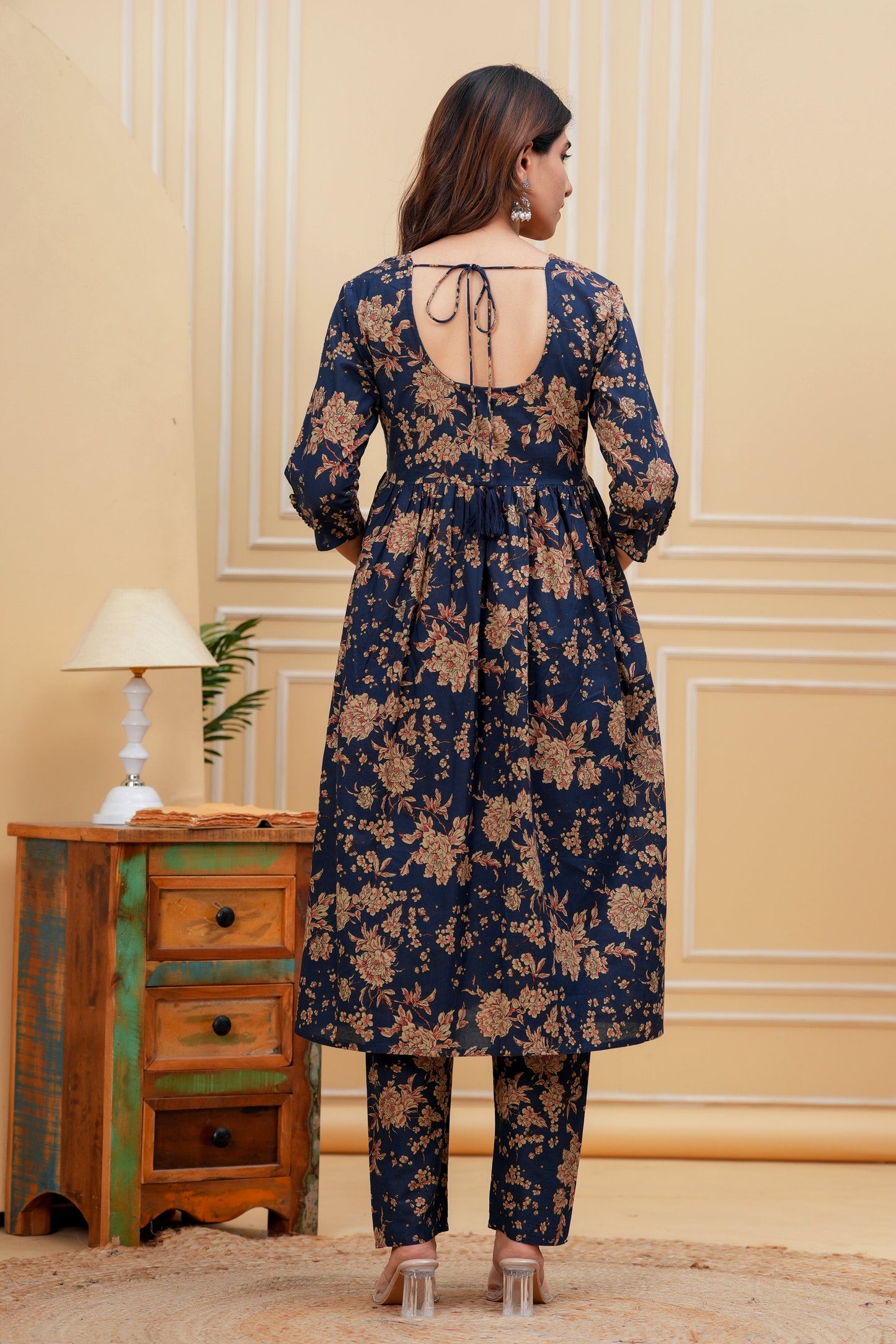 Navy Blue Printed Anarkali Kurta Set With Dupatta