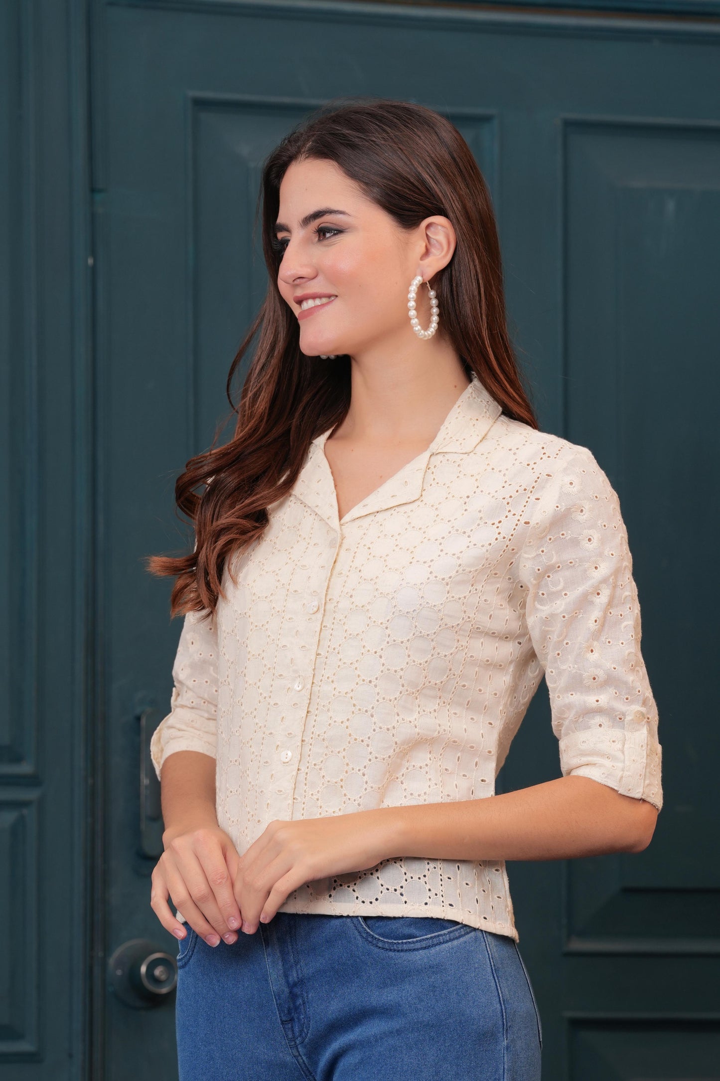 Off White Schiffli Cotton Straight Top