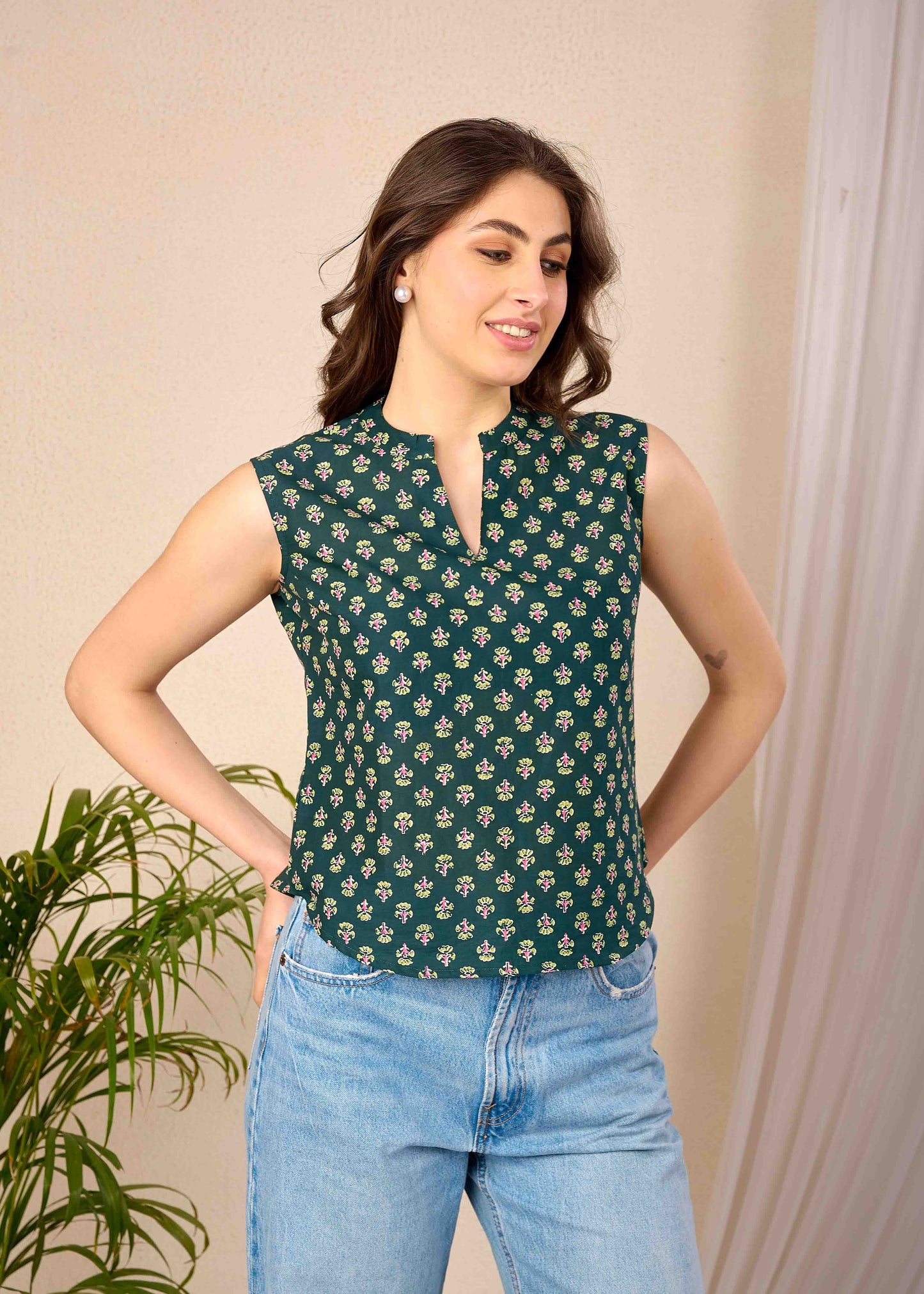 Green Printed Straight Top