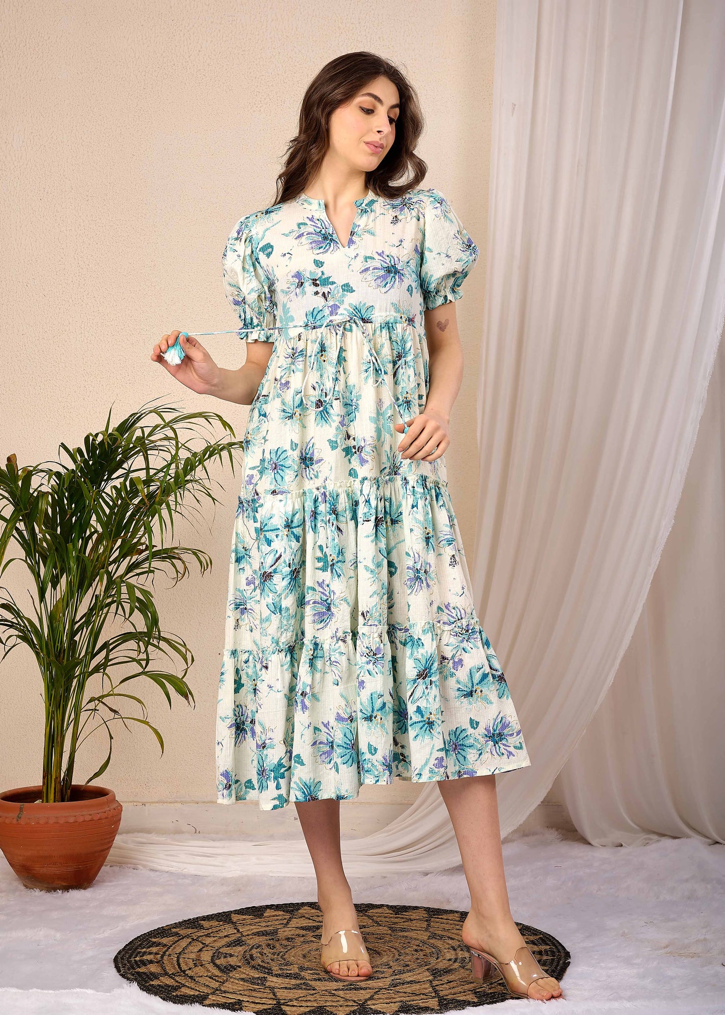 Off White Floral Printed Flared Dress