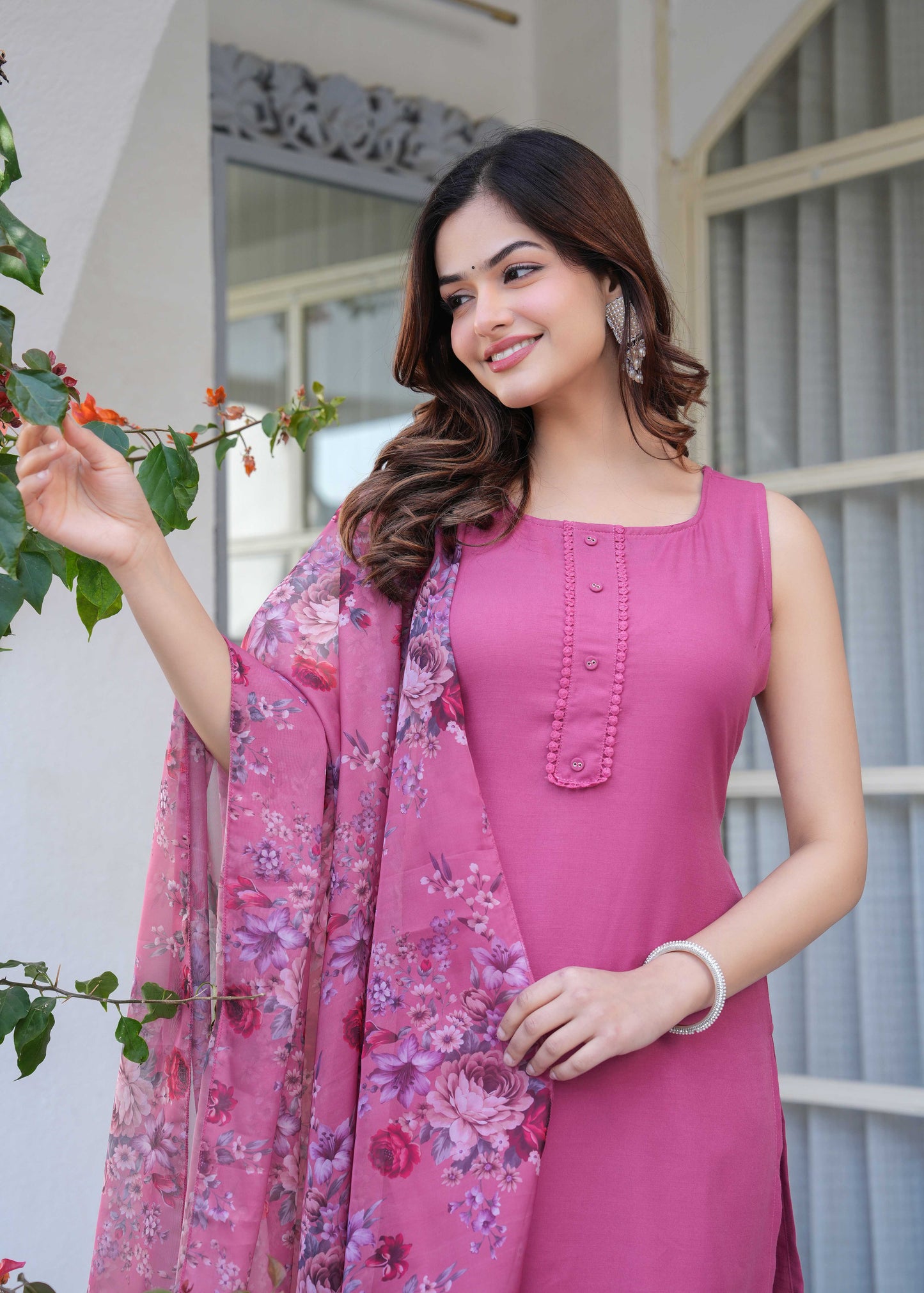 Mauve Solid Straight Kurta Set With Printed Dupatta