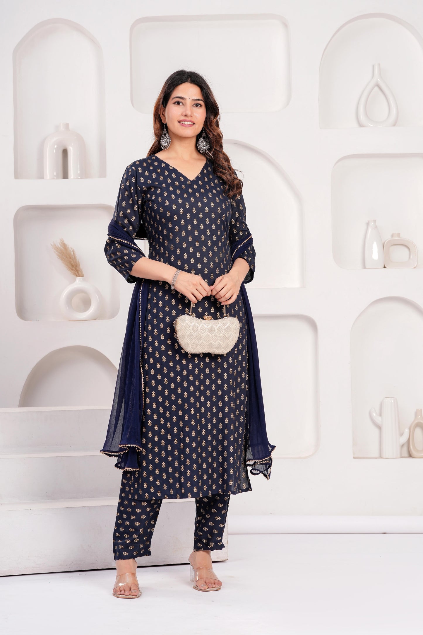 Navy Blue Printed Kurta Set With Solid Dupatta