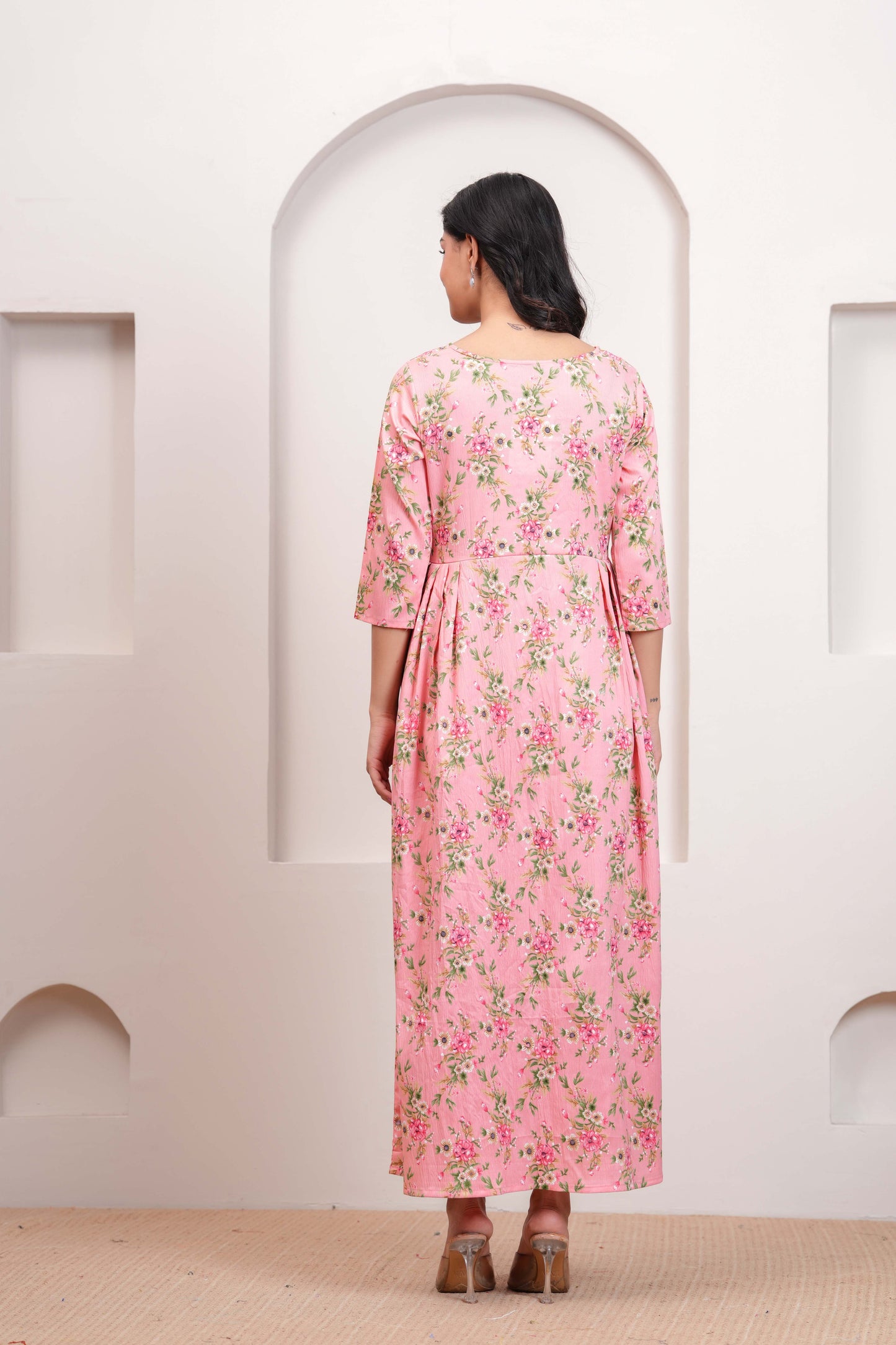 Peach Floral Printed Flared Dress