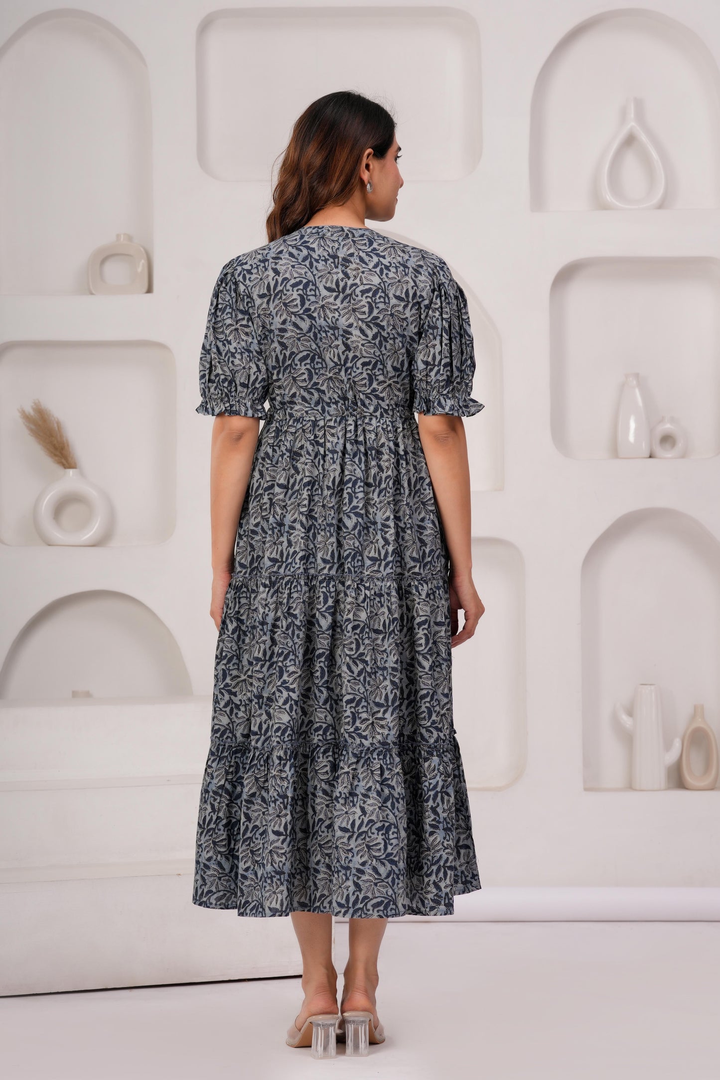 Grey Floral Printed Flared Dress