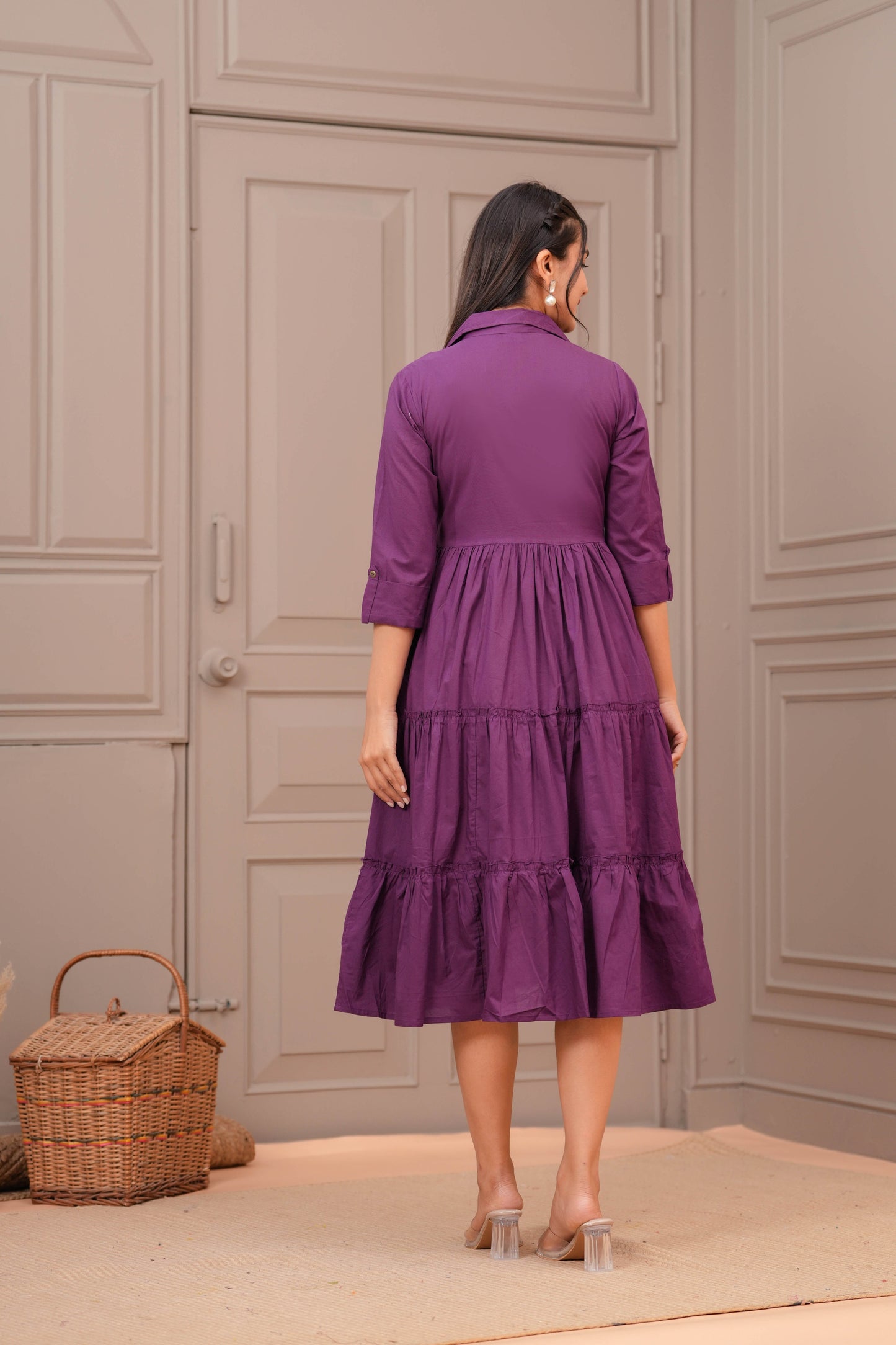 Purple Shirt Collar Casual Wear Dress