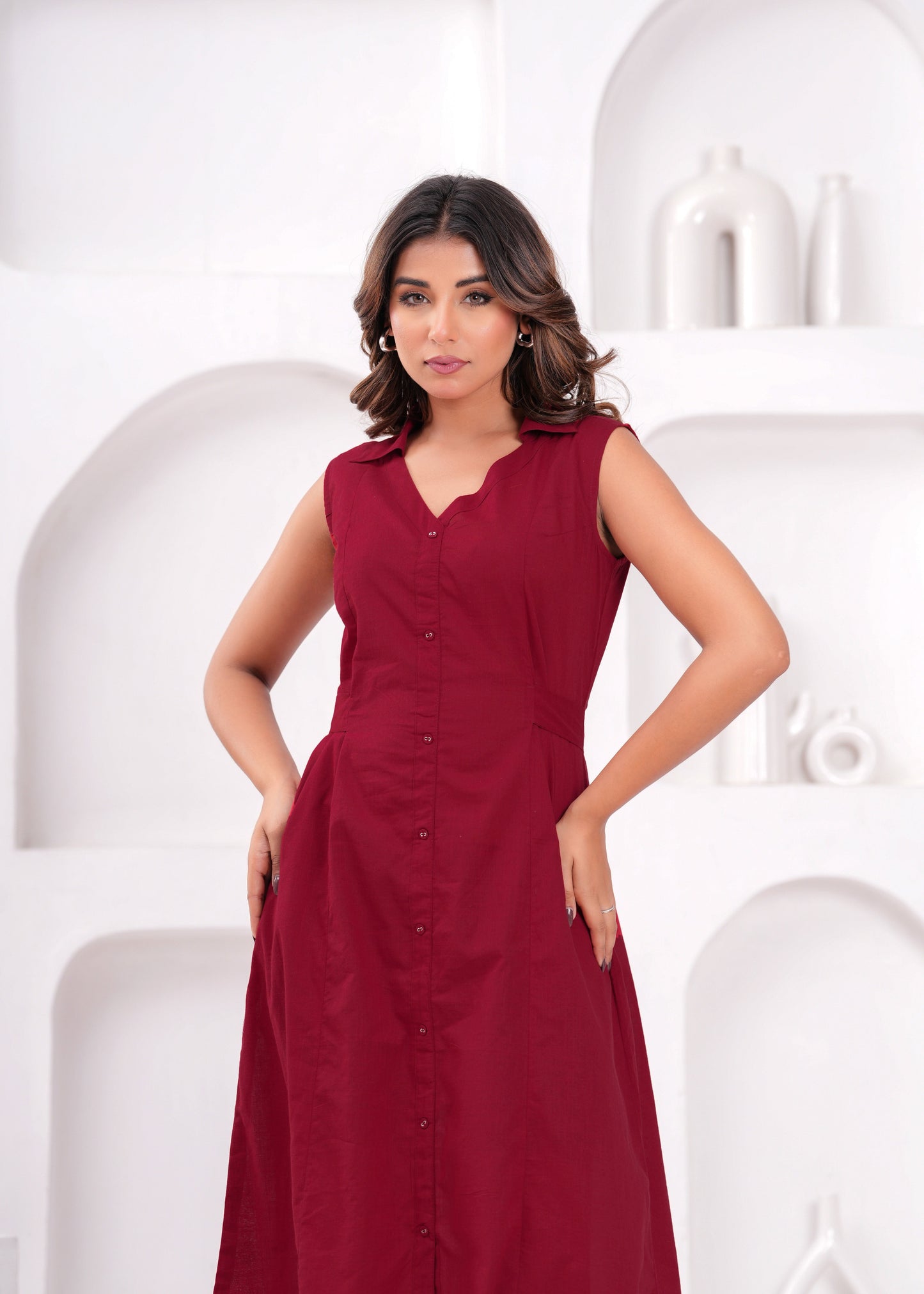 Solid Maroon Notched Collar Dress