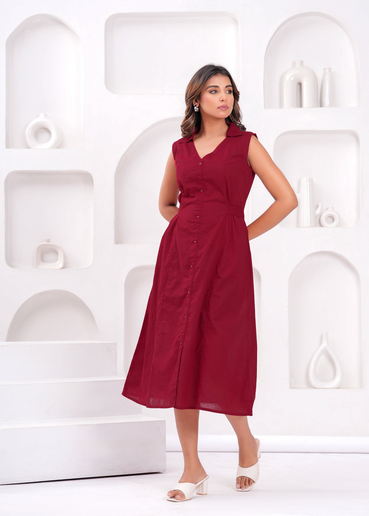Solid Maroon Notched Collar Dress