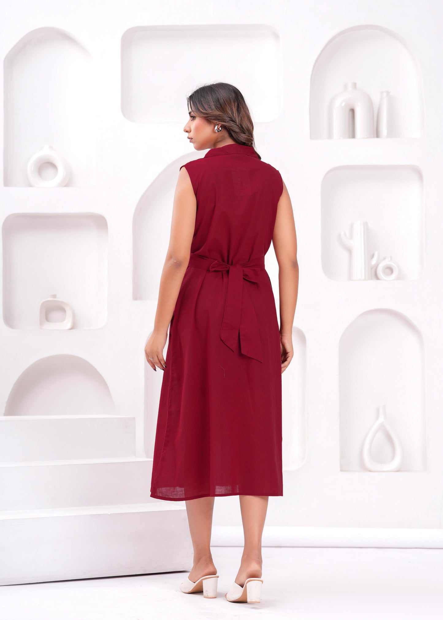 Solid Maroon Notched Collar Dress