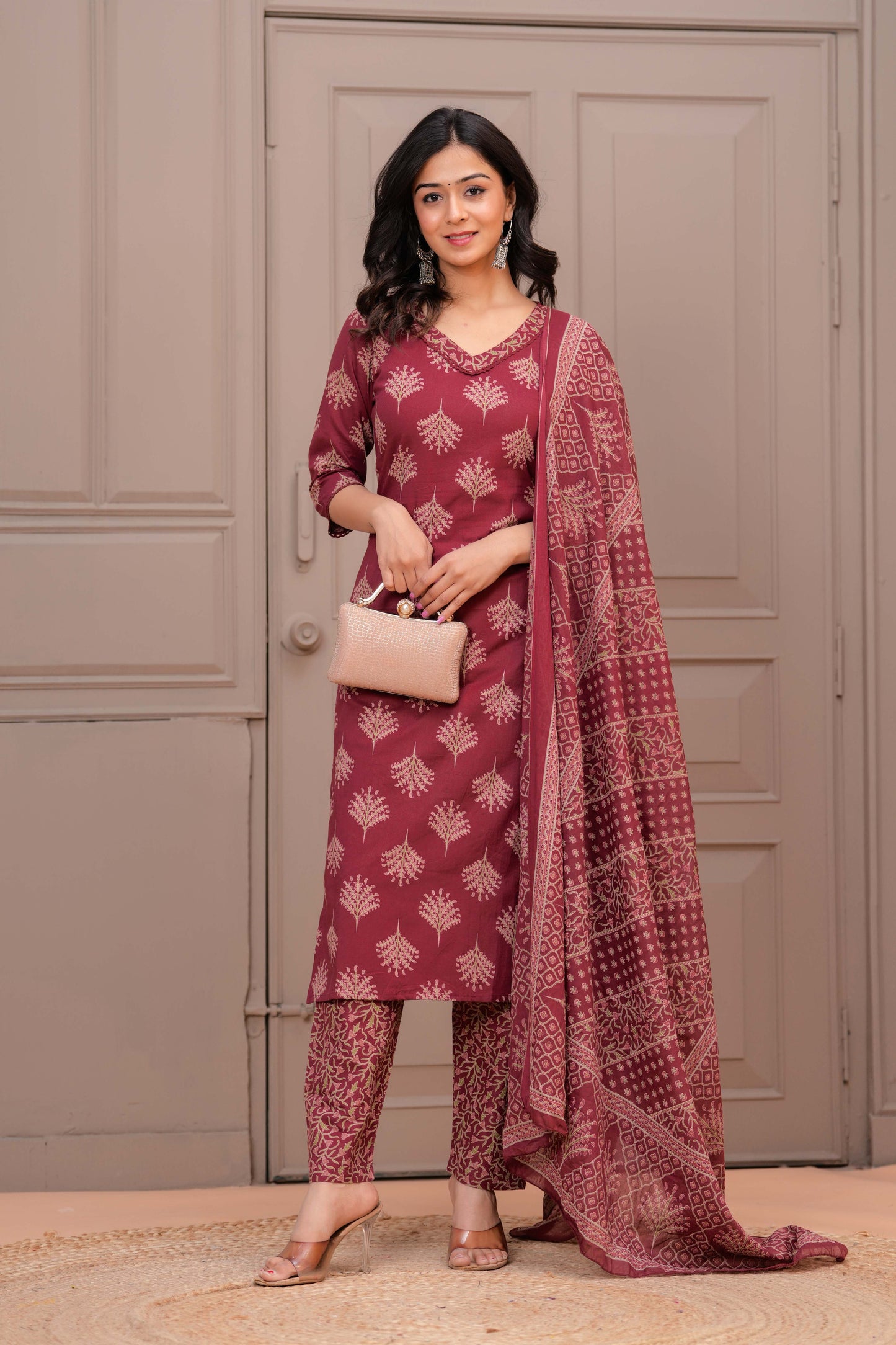 Maroon Printed Straight Kurta Set With Dupatta
