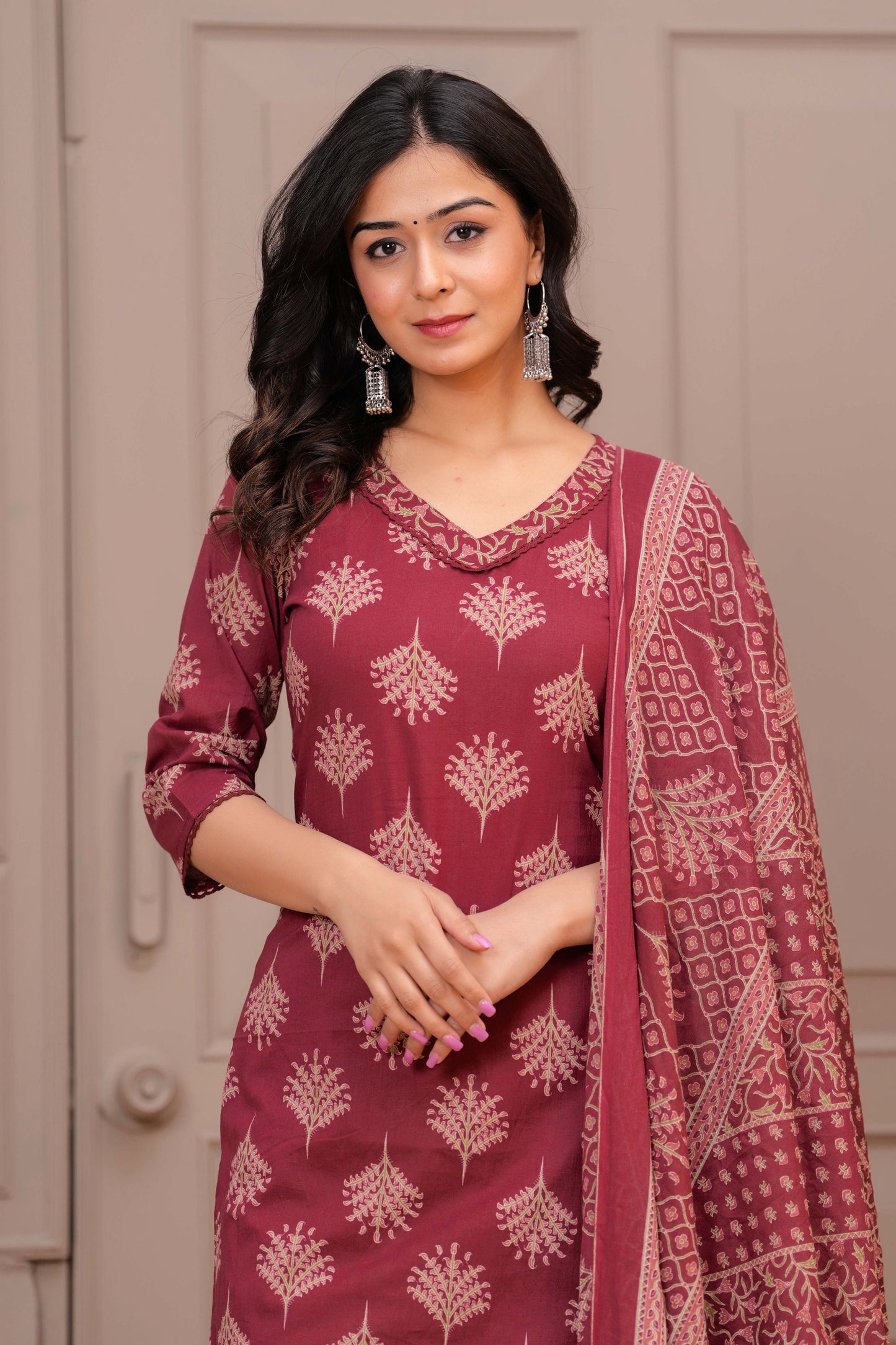Maroon Printed Straight Kurta Set With Dupatta