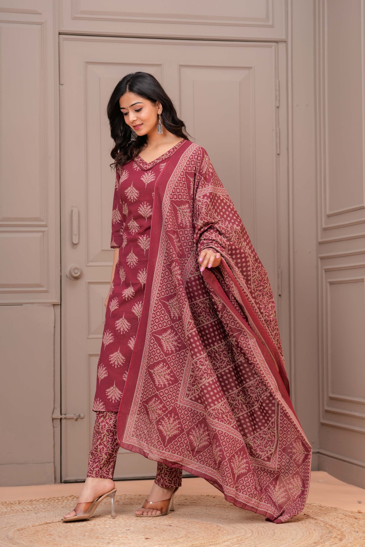 Maroon Printed Straight Kurta Set With Dupatta