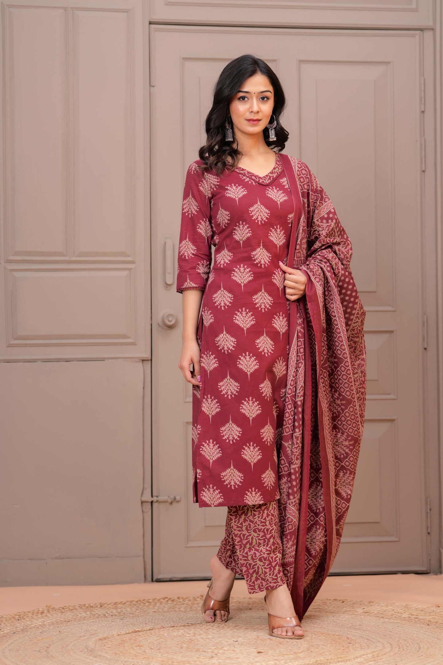 Maroon Printed Straight Kurta Set With Dupatta