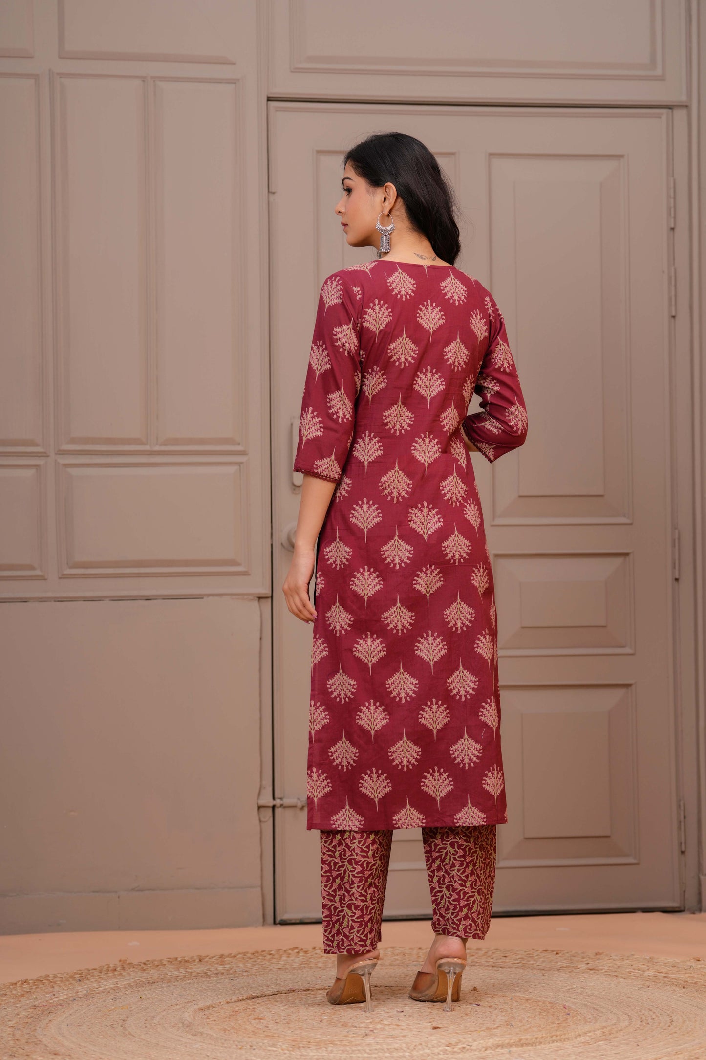 Maroon Printed Straight Kurta Set With Dupatta