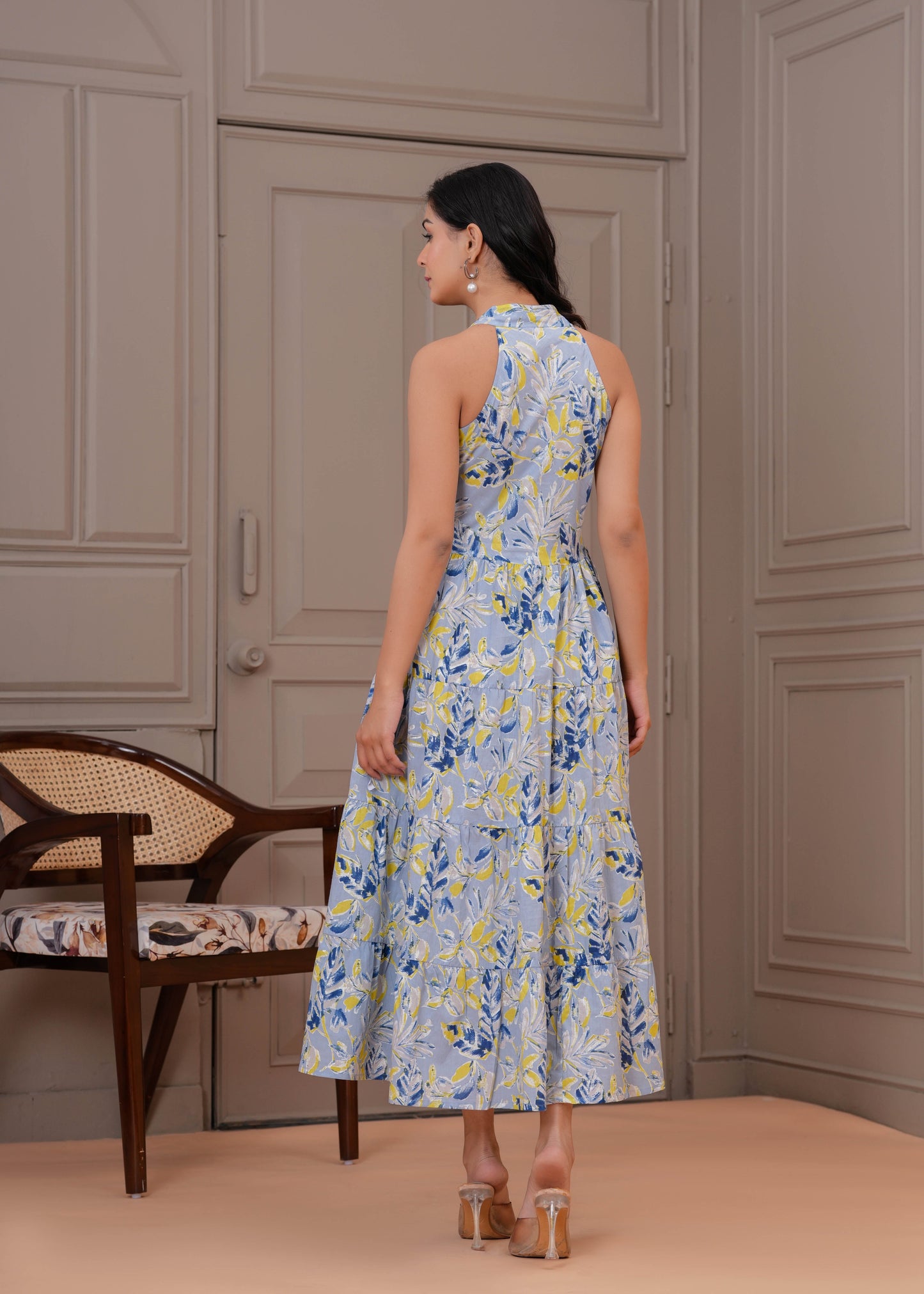 Printed Blue Halter Neck Dress