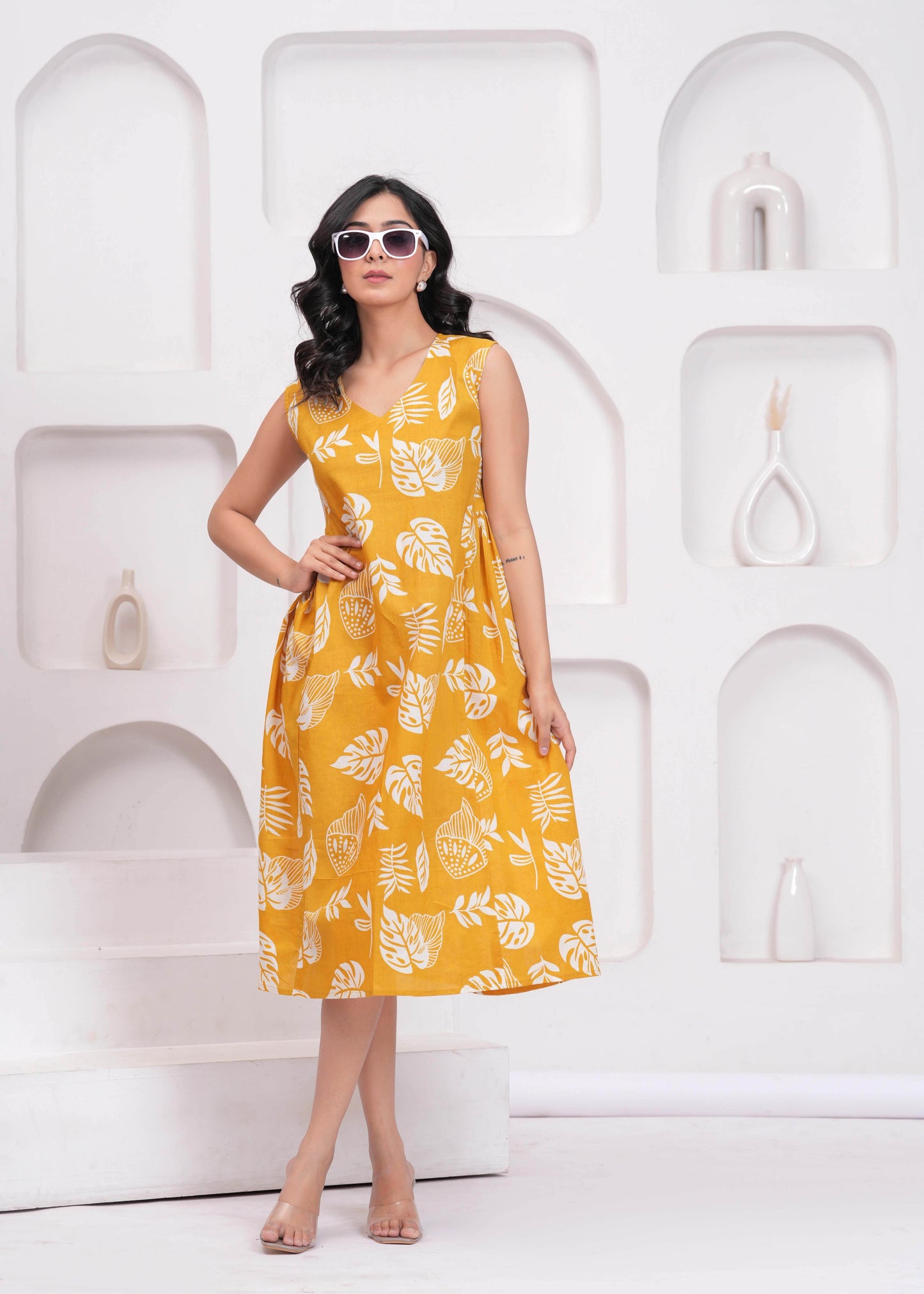 Yellow Printed Midi Dress