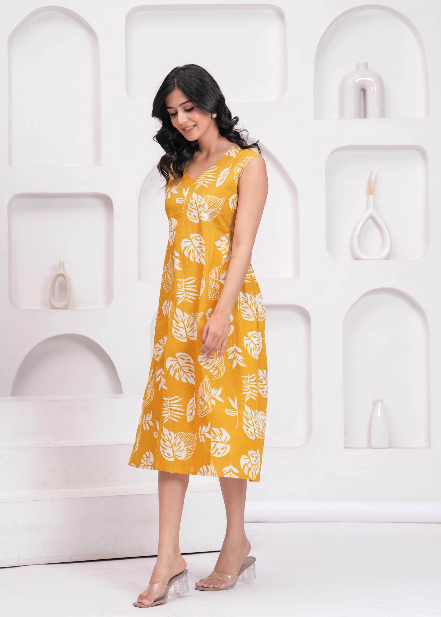 Yellow Printed Midi Dress