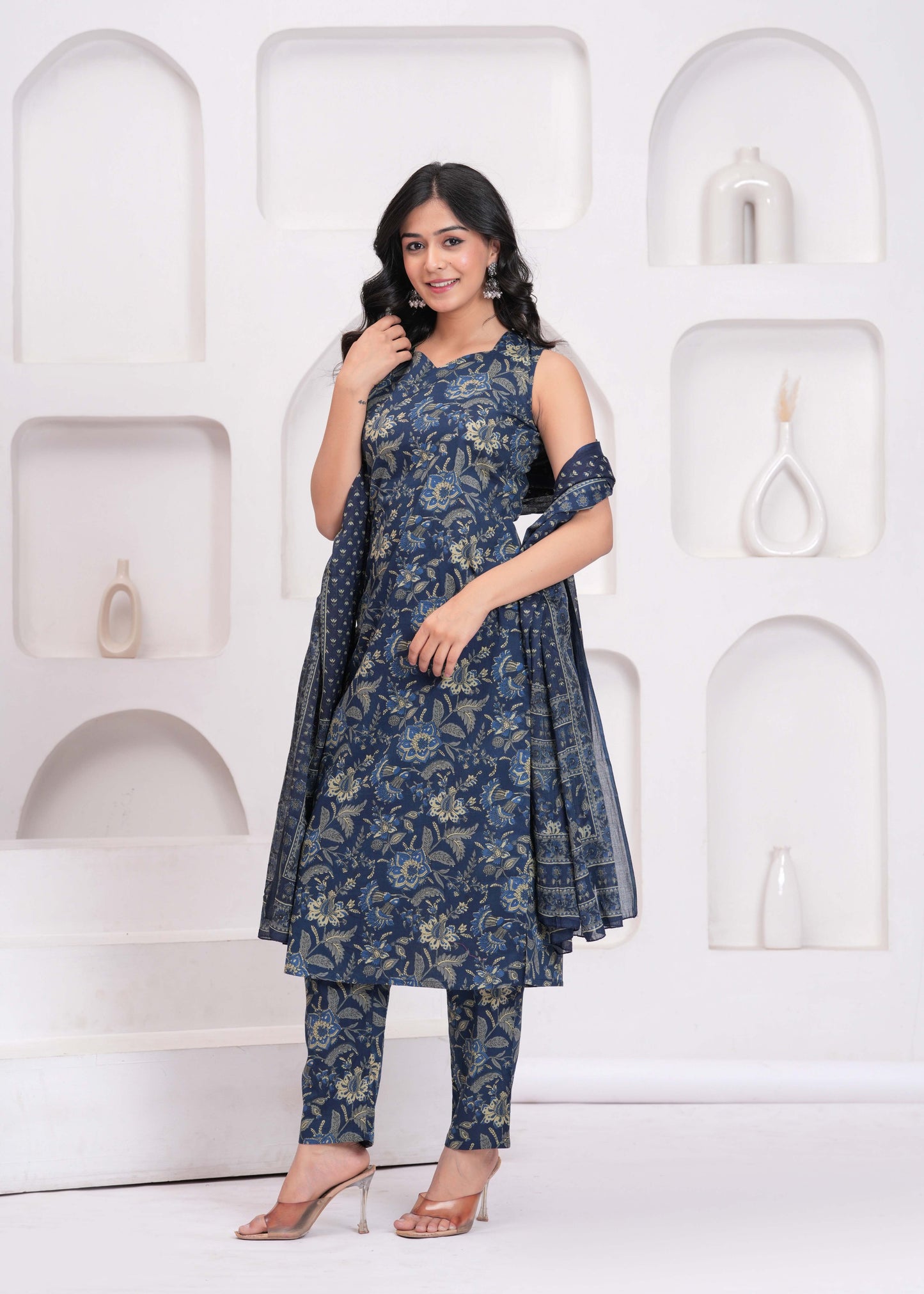 Blue Floral Printed Kurta Set With Dupatta