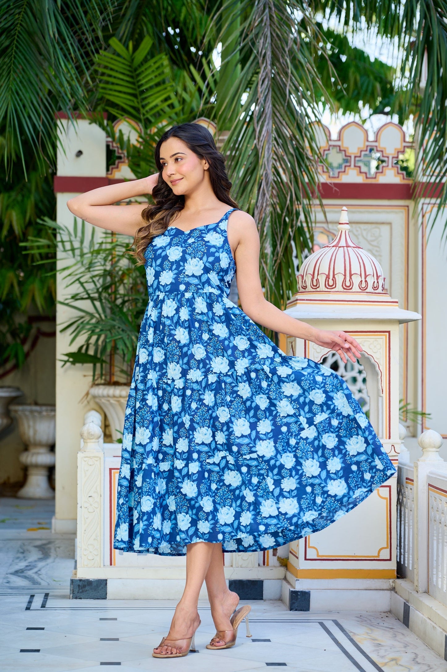 Blue Floral Printed Tired Dress