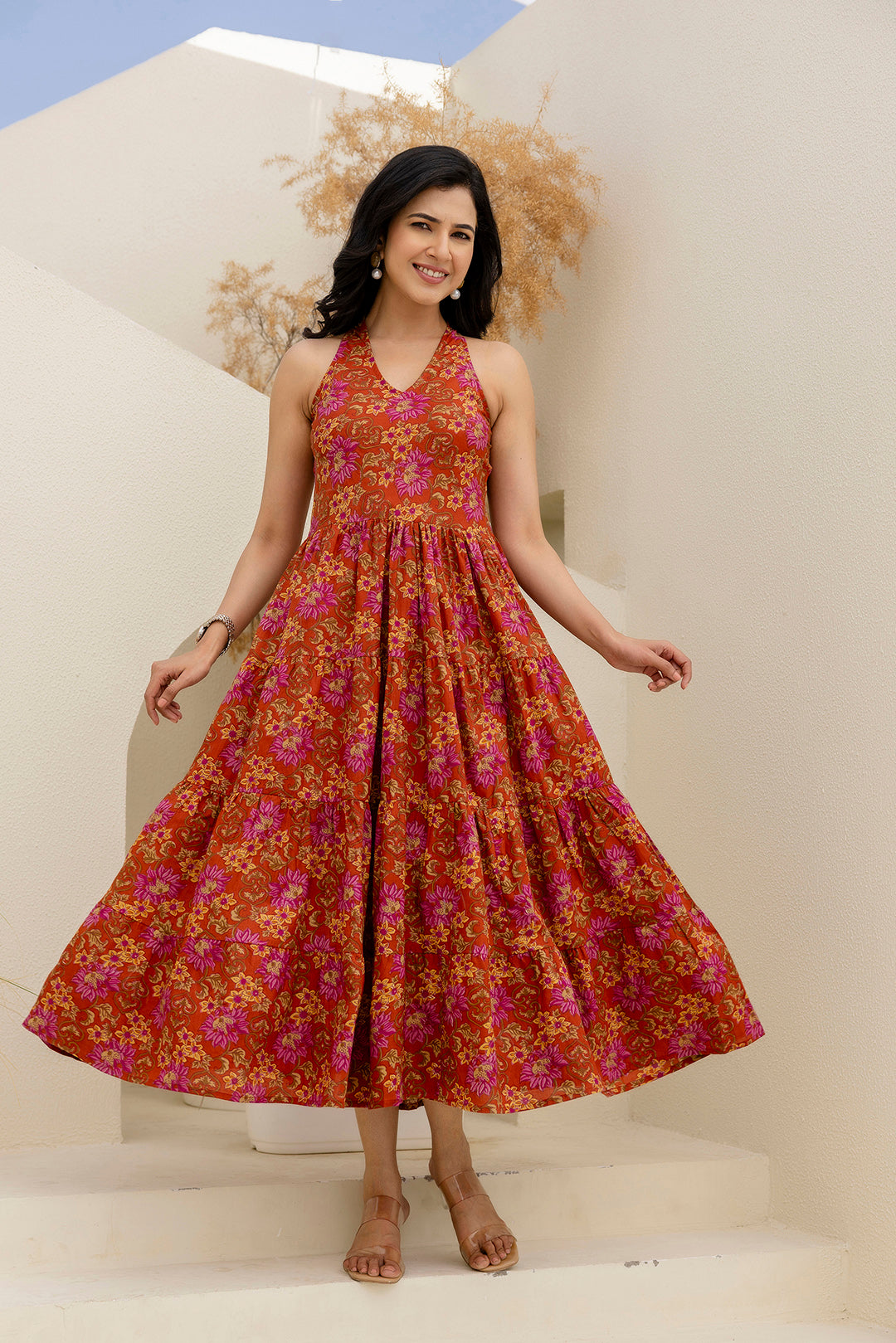 Printed Rust Halter Neck Dress