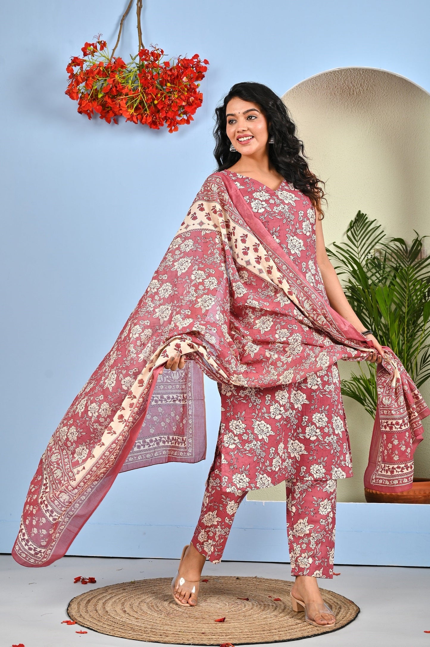 Mauve Floral Printed Kurta Set with Dupatta