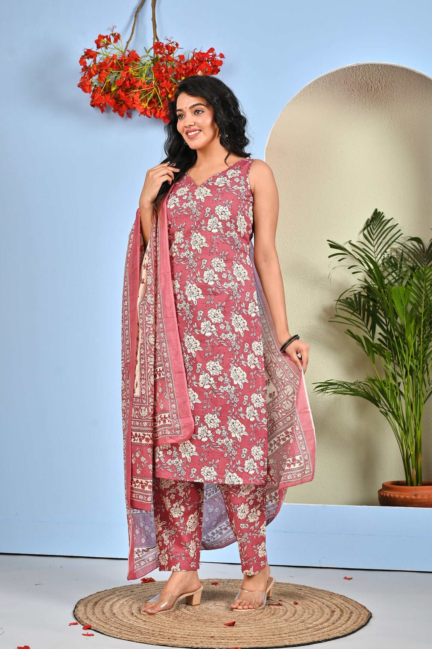 Mauve Floral Printed Kurta Set with Dupatta