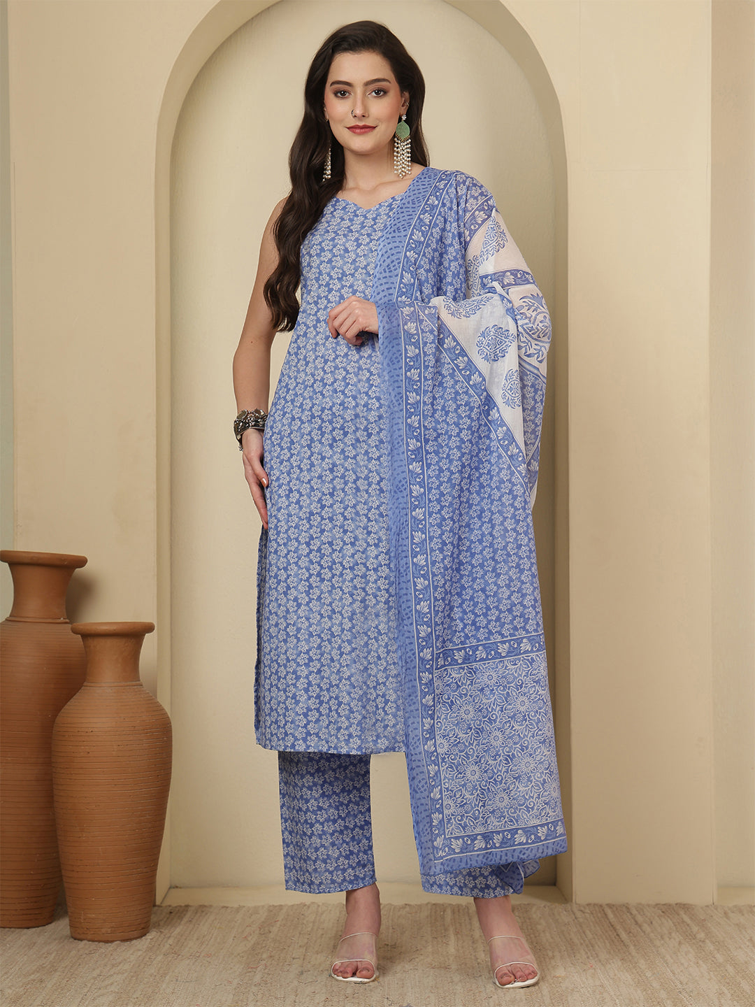 Blue Printed Kurta Set with Dupatta