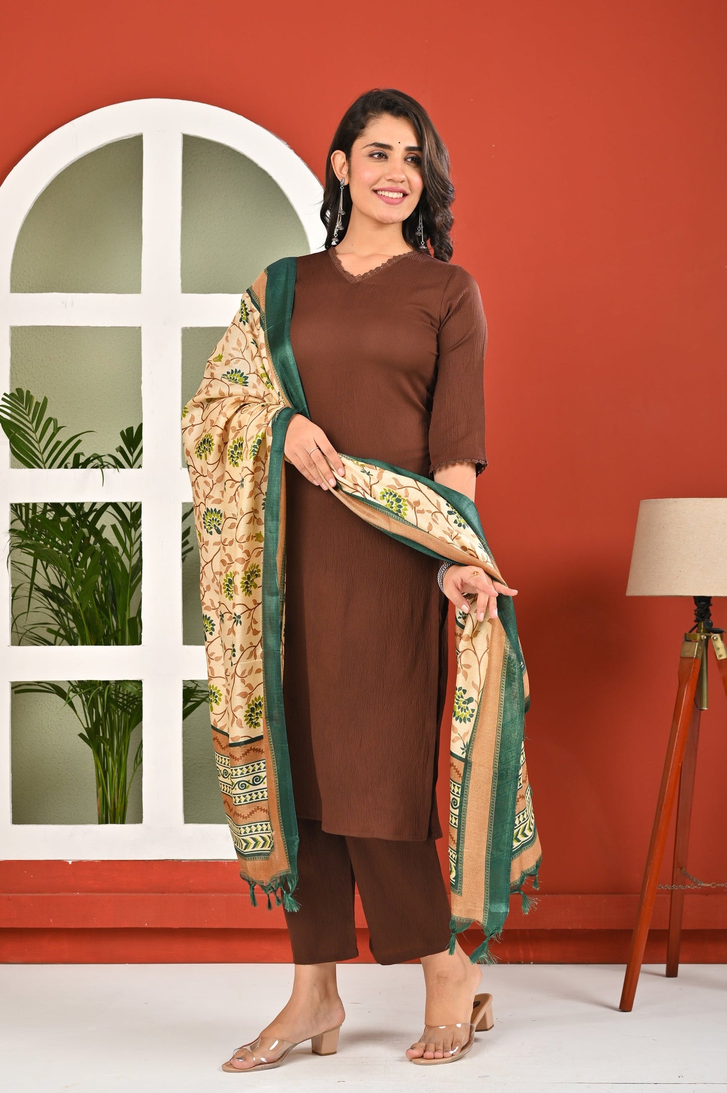 Brown Solid Kurta Set with Dupatta