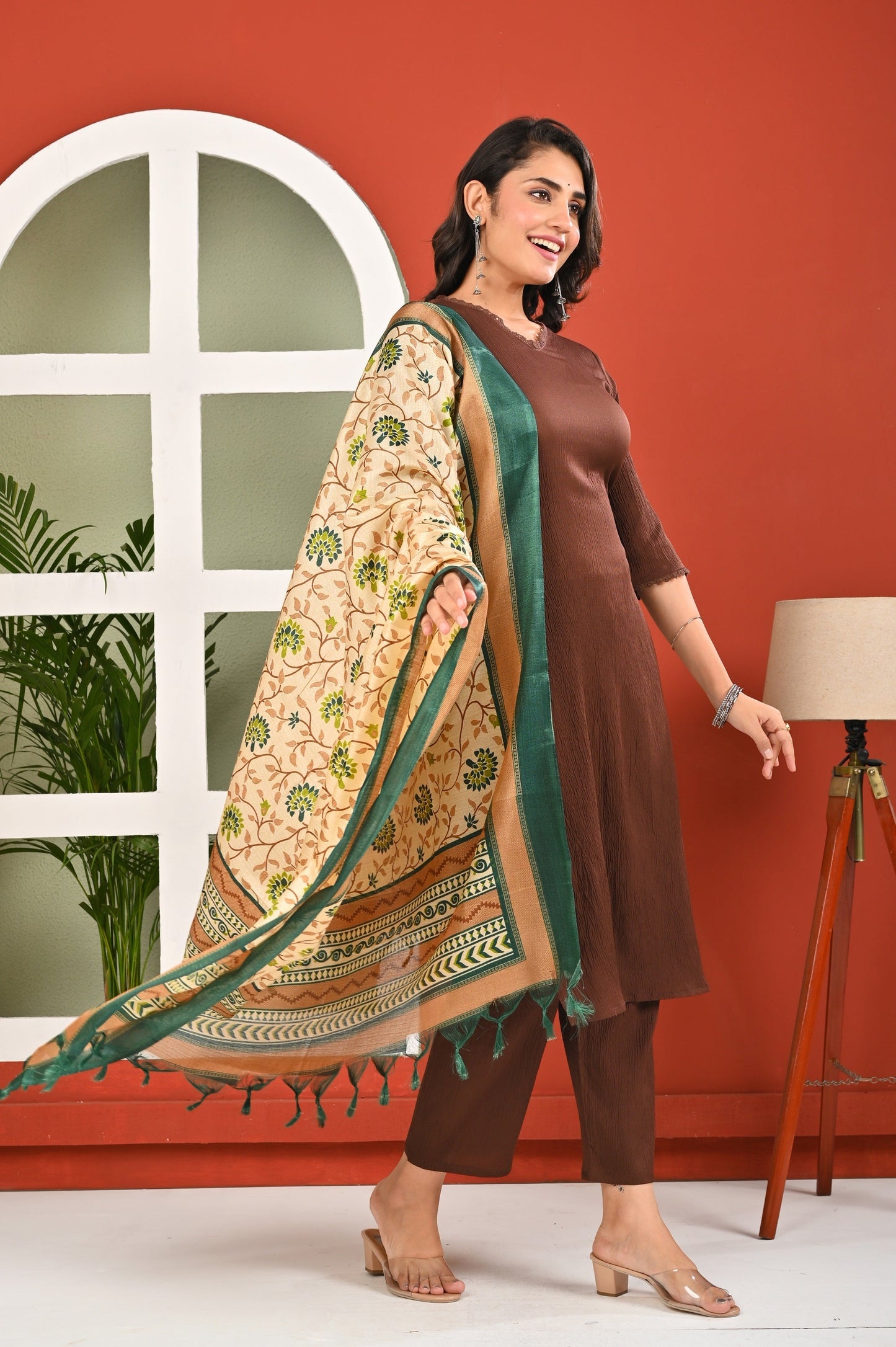 Brown Solid Kurta Set with Dupatta