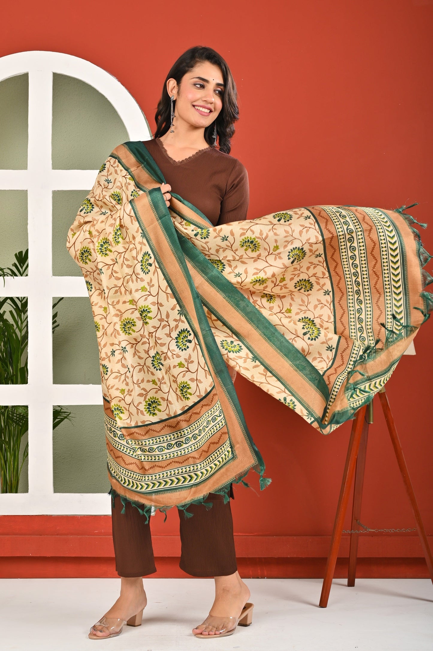 Brown Solid Kurta Set with Dupatta