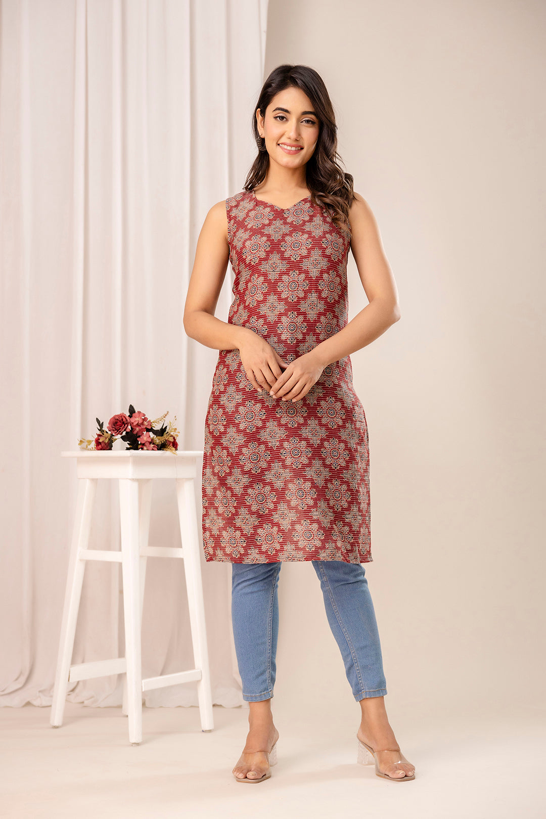 Maroon Printed Kurta