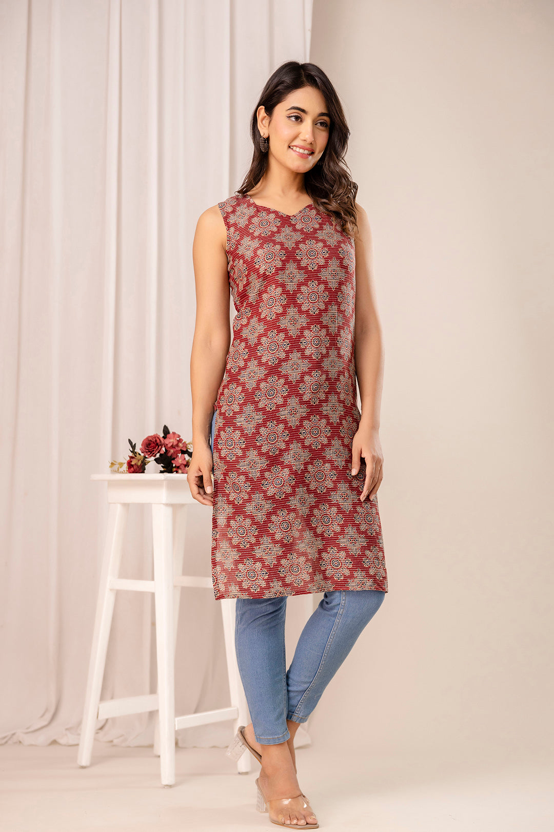 Maroon Printed Kurta