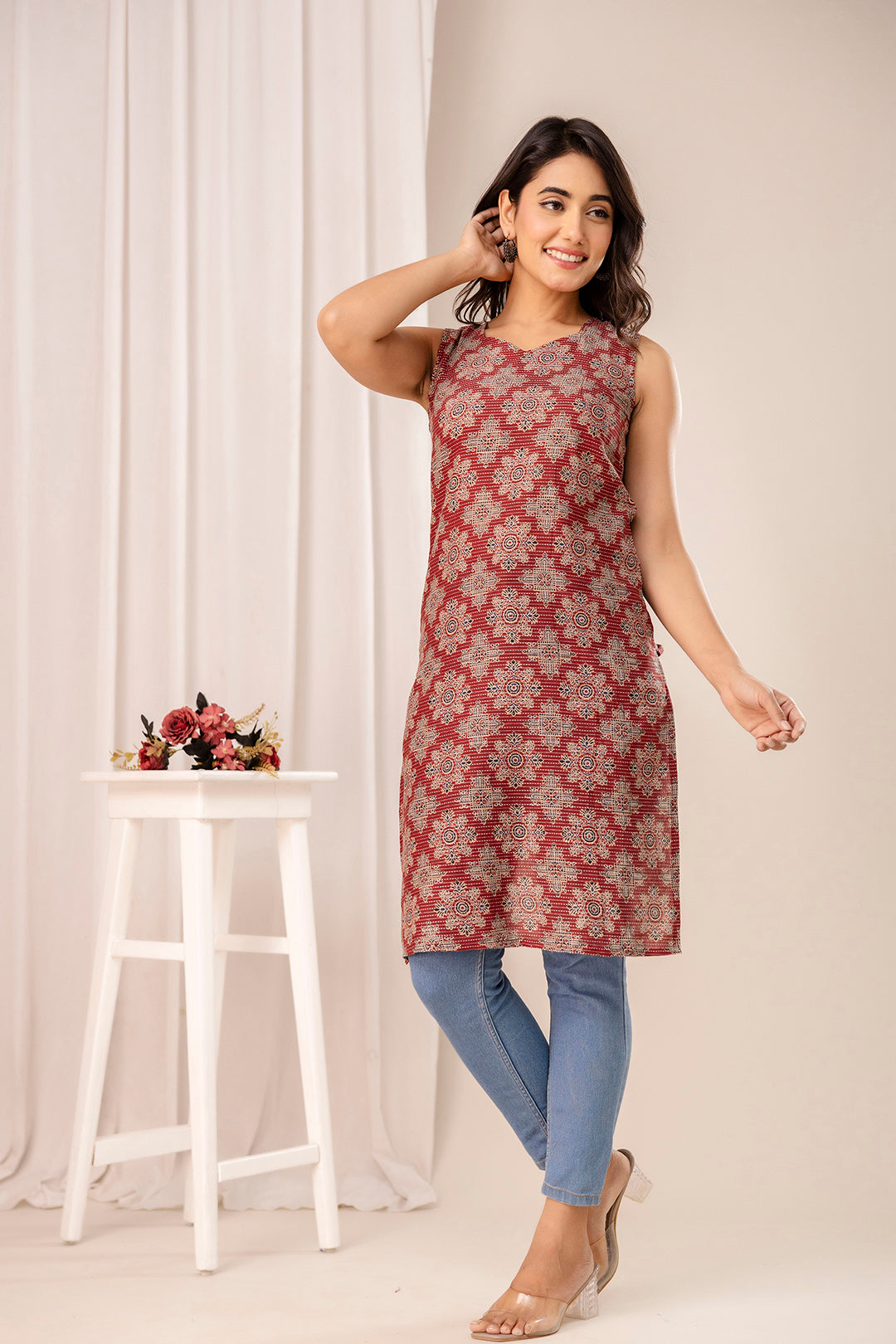Maroon Printed Kurta