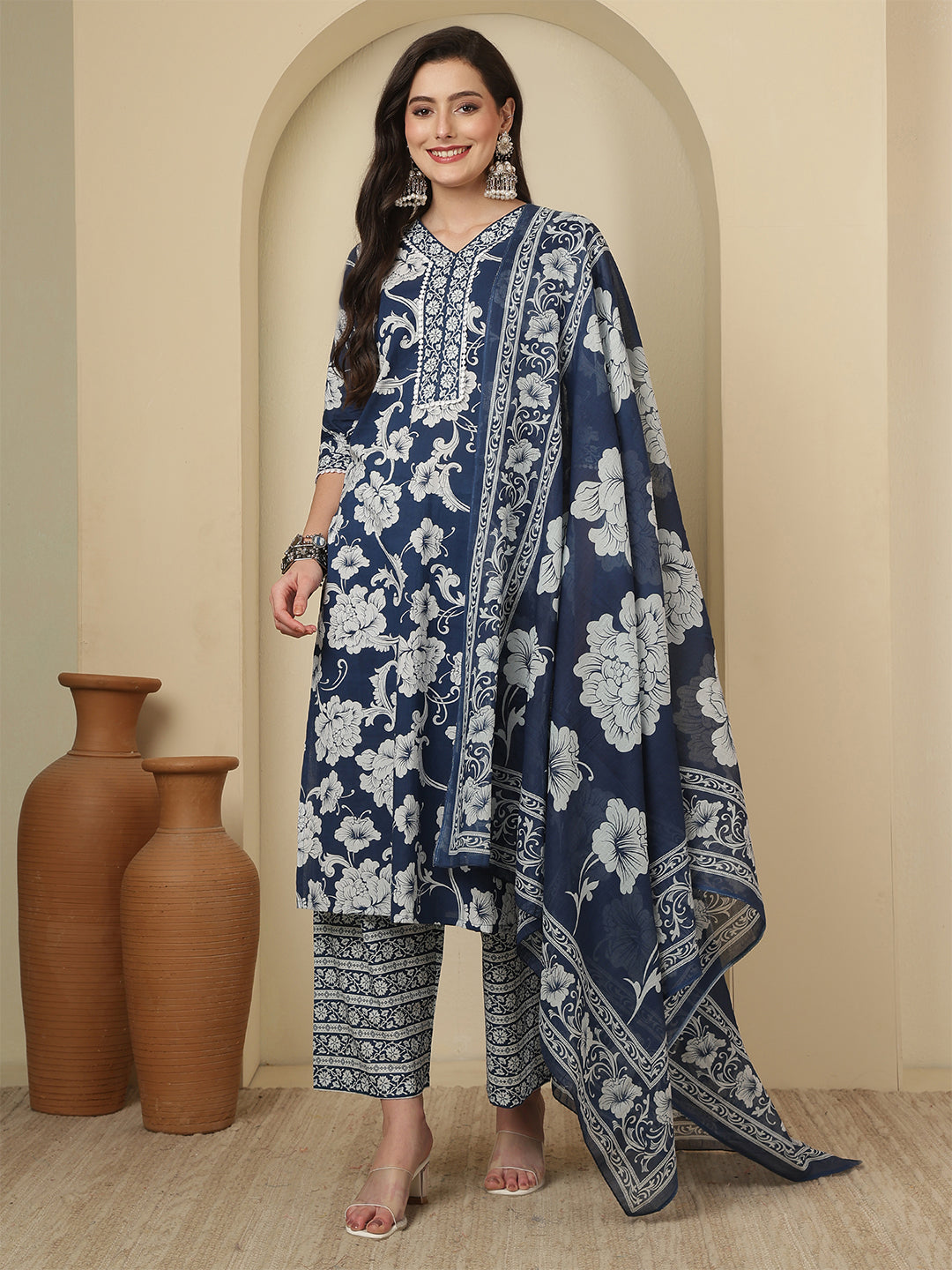 Blue Printed Kurta Set with Dupatta