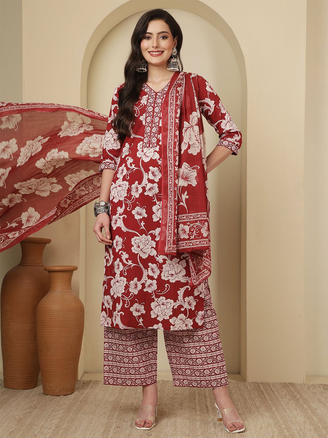 Maroon Printed Kurta Set with Dupatta