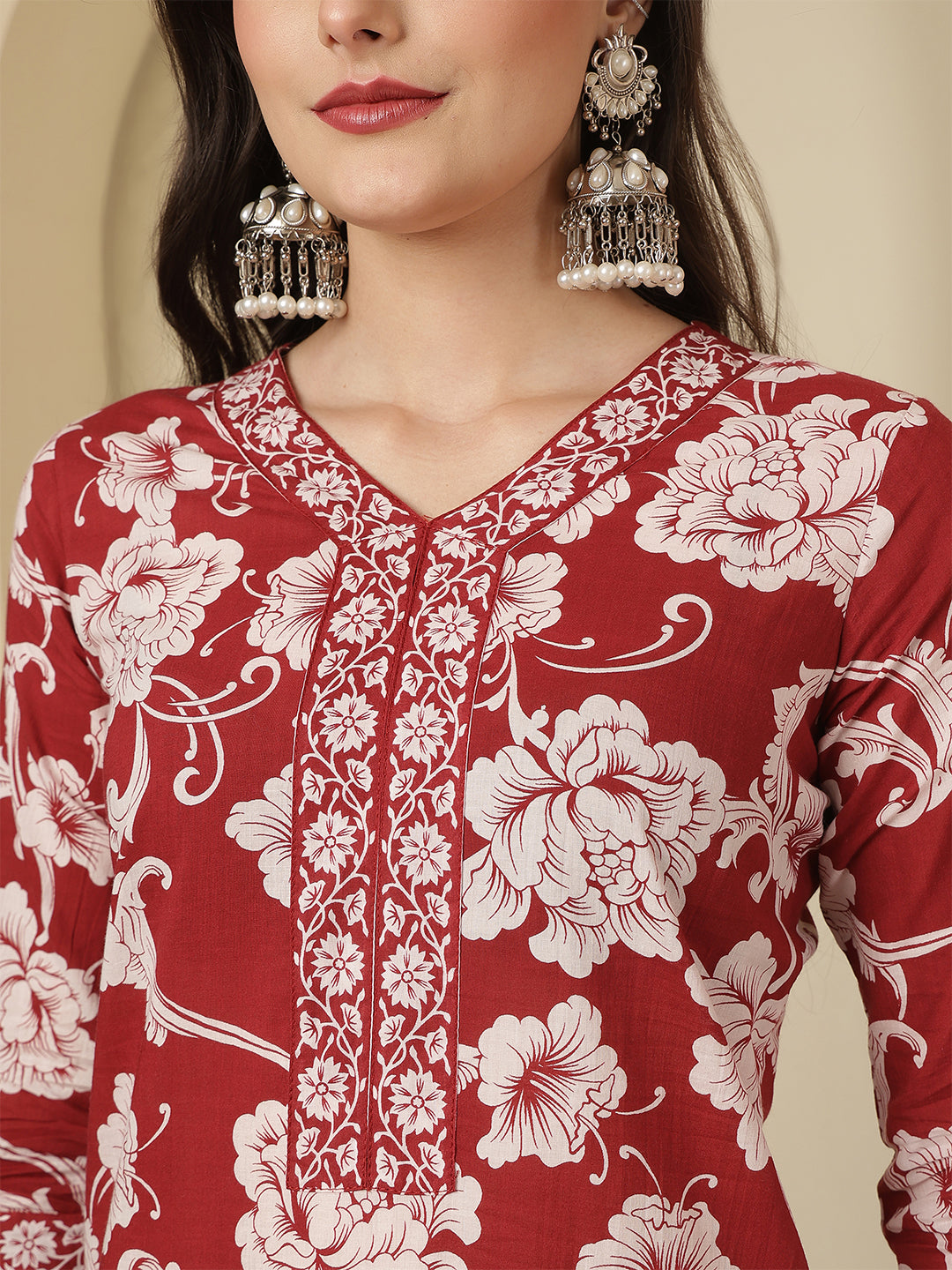 Maroon Printed Kurta Set with Dupatta
