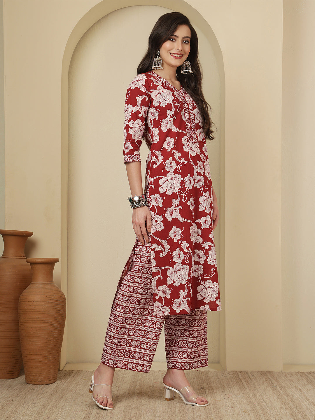 Maroon Printed Kurta Set with Dupatta