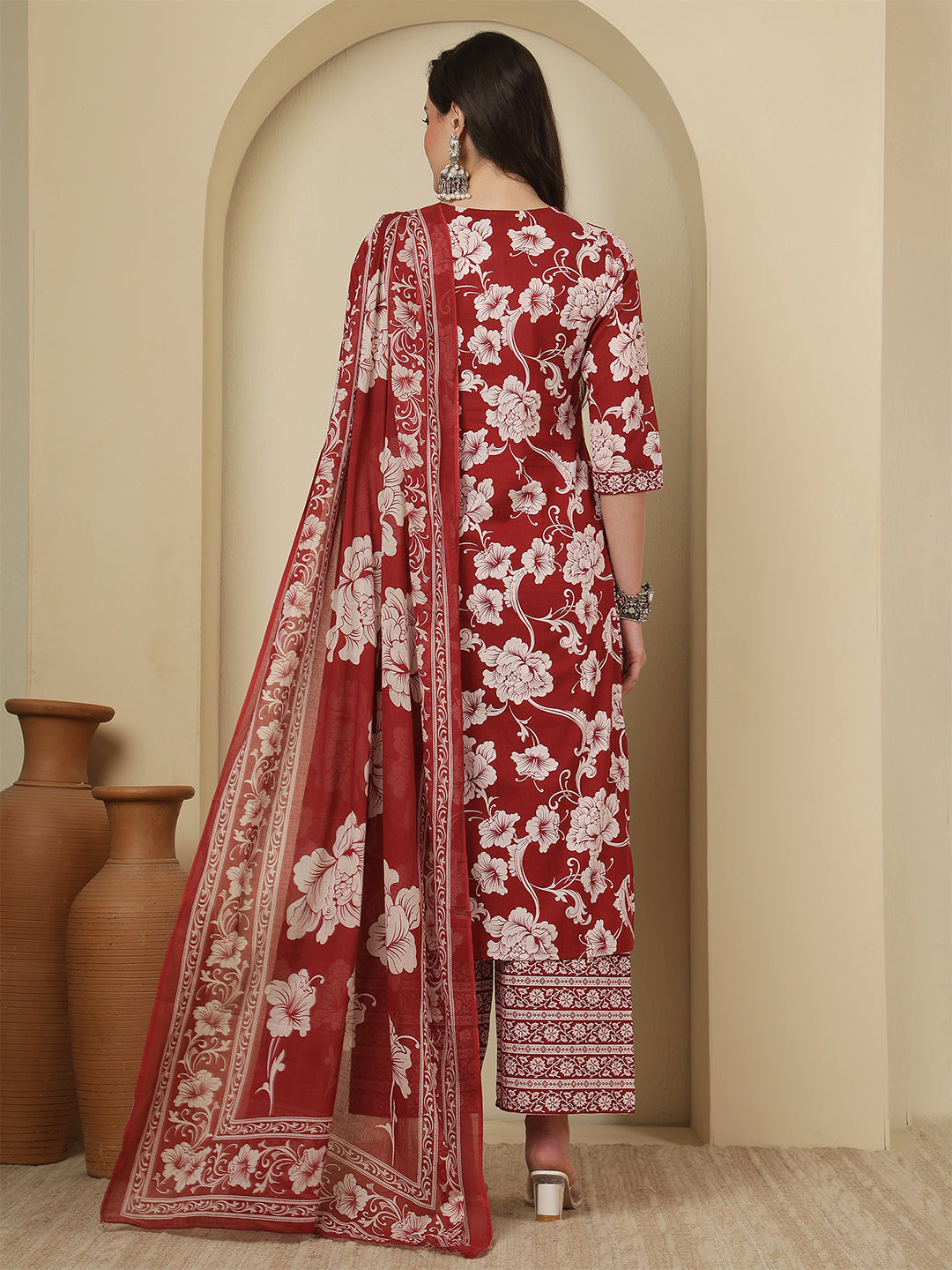 Maroon Printed Kurta Set with Dupatta