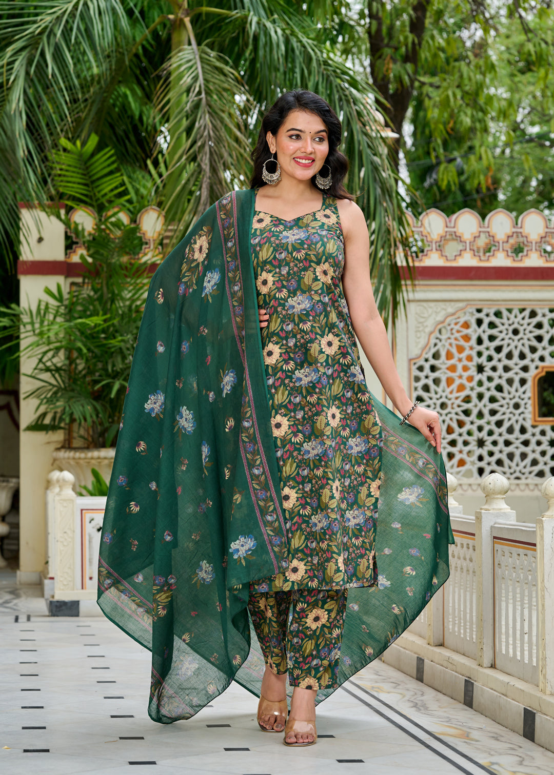 Green Floral Printed Kurta Set with Dupatta