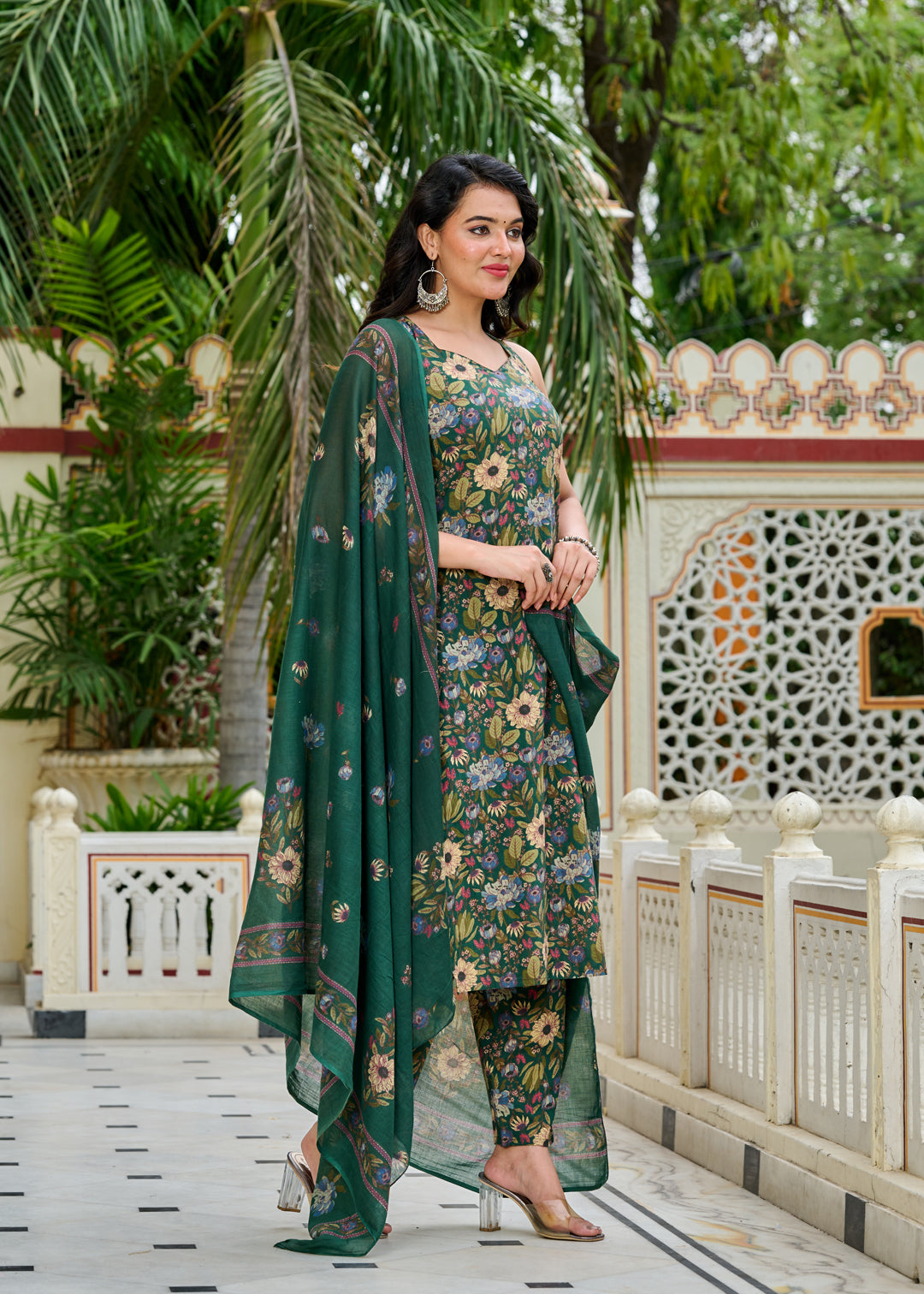 Green Floral Printed Kurta Set with Dupatta