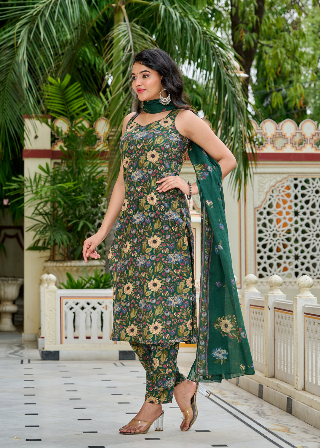 Green Floral Printed Kurta Set with Dupatta