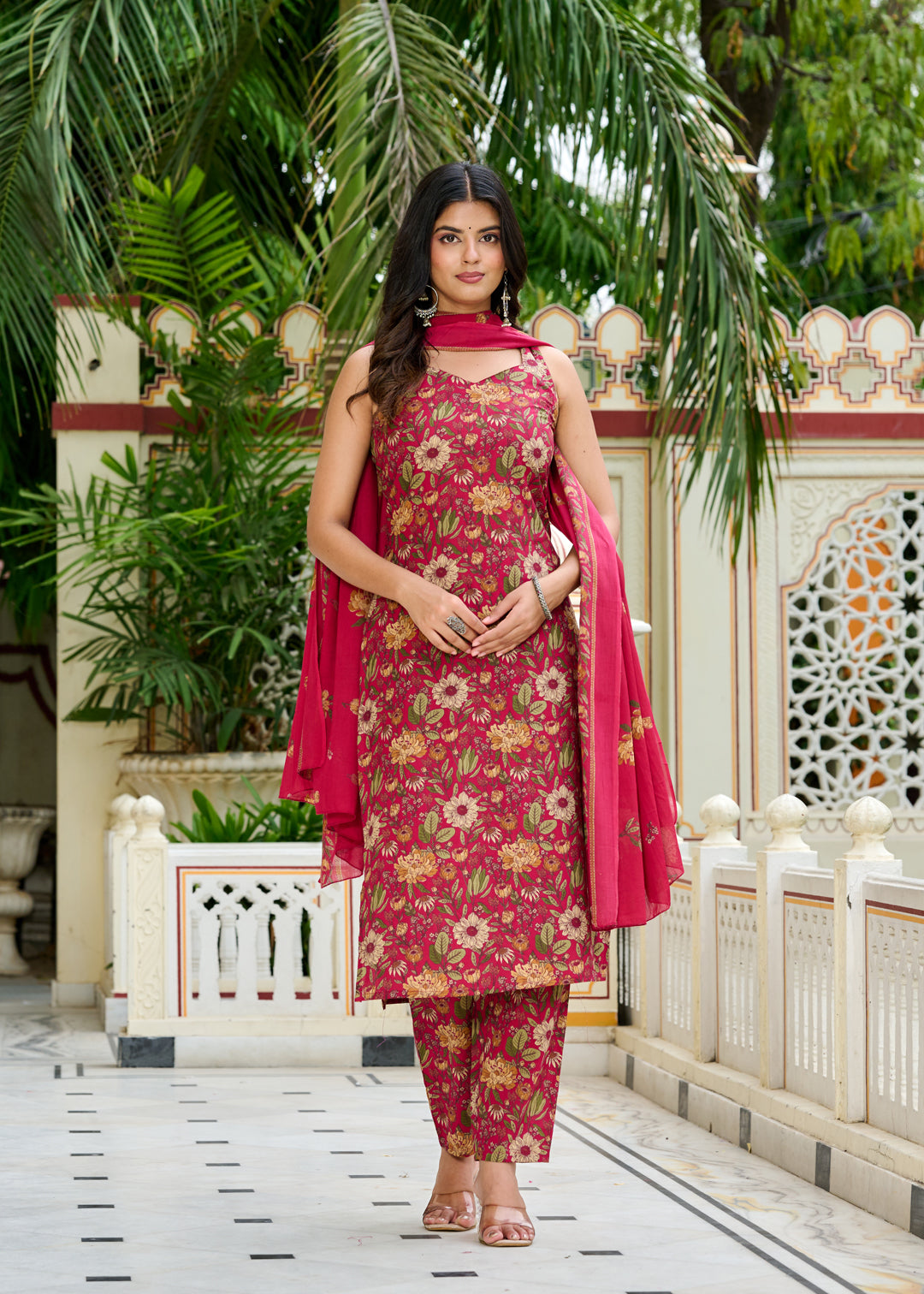Pink Floral Printed Kurta Set with Dupatta