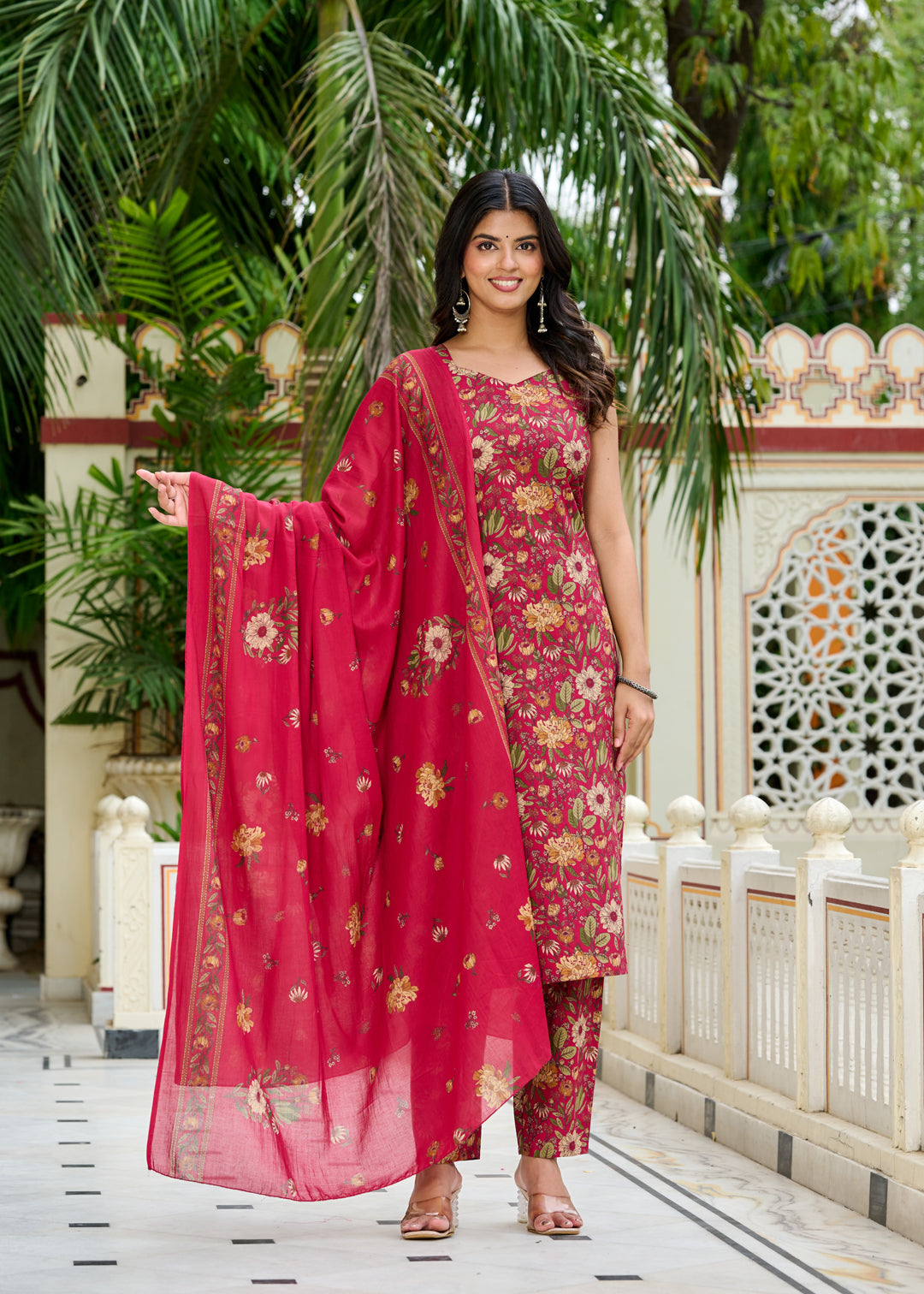 Pink Floral Printed Kurta Set with Dupatta