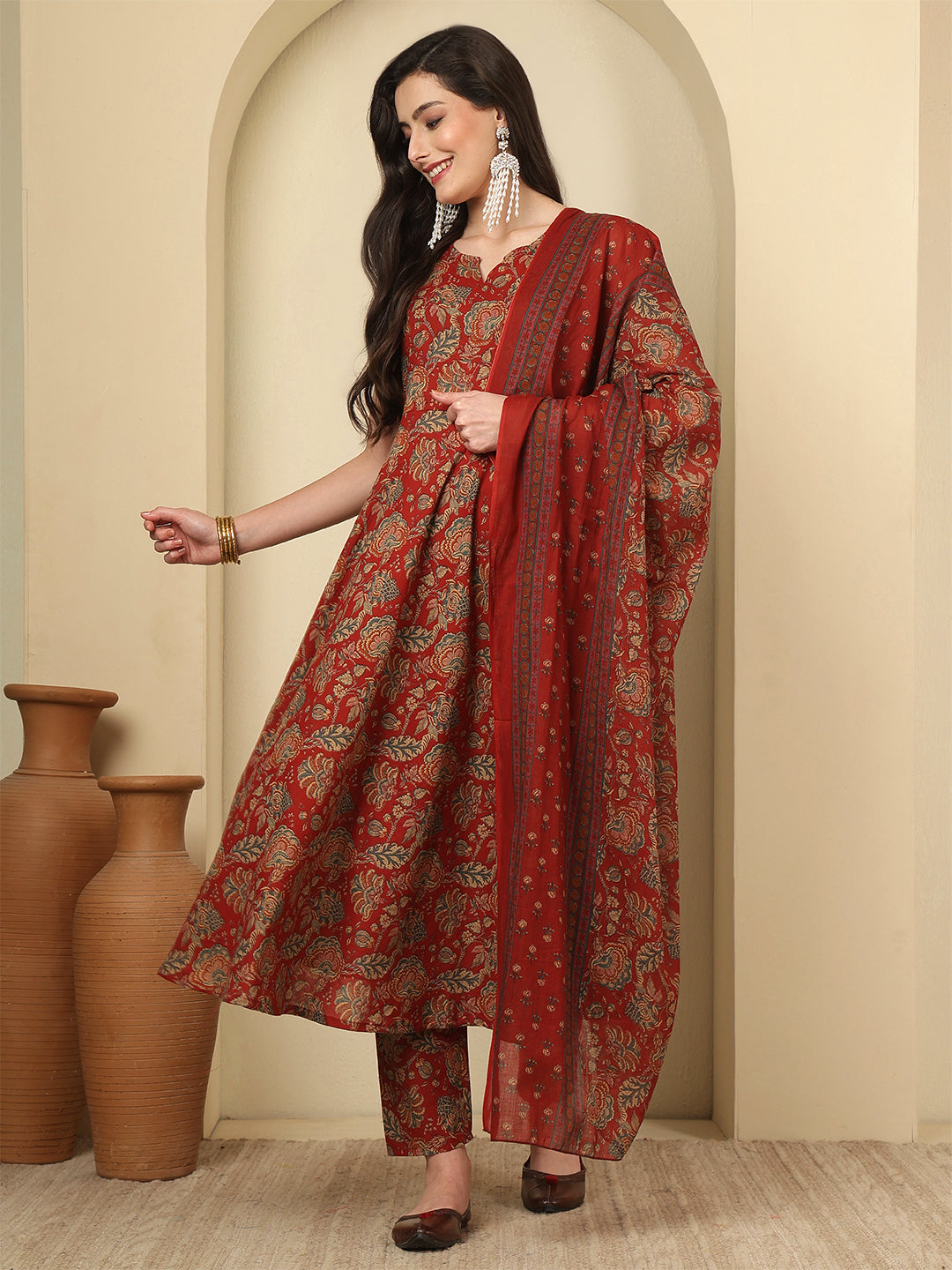 Maroon Printed Kurta Set with Dupatta