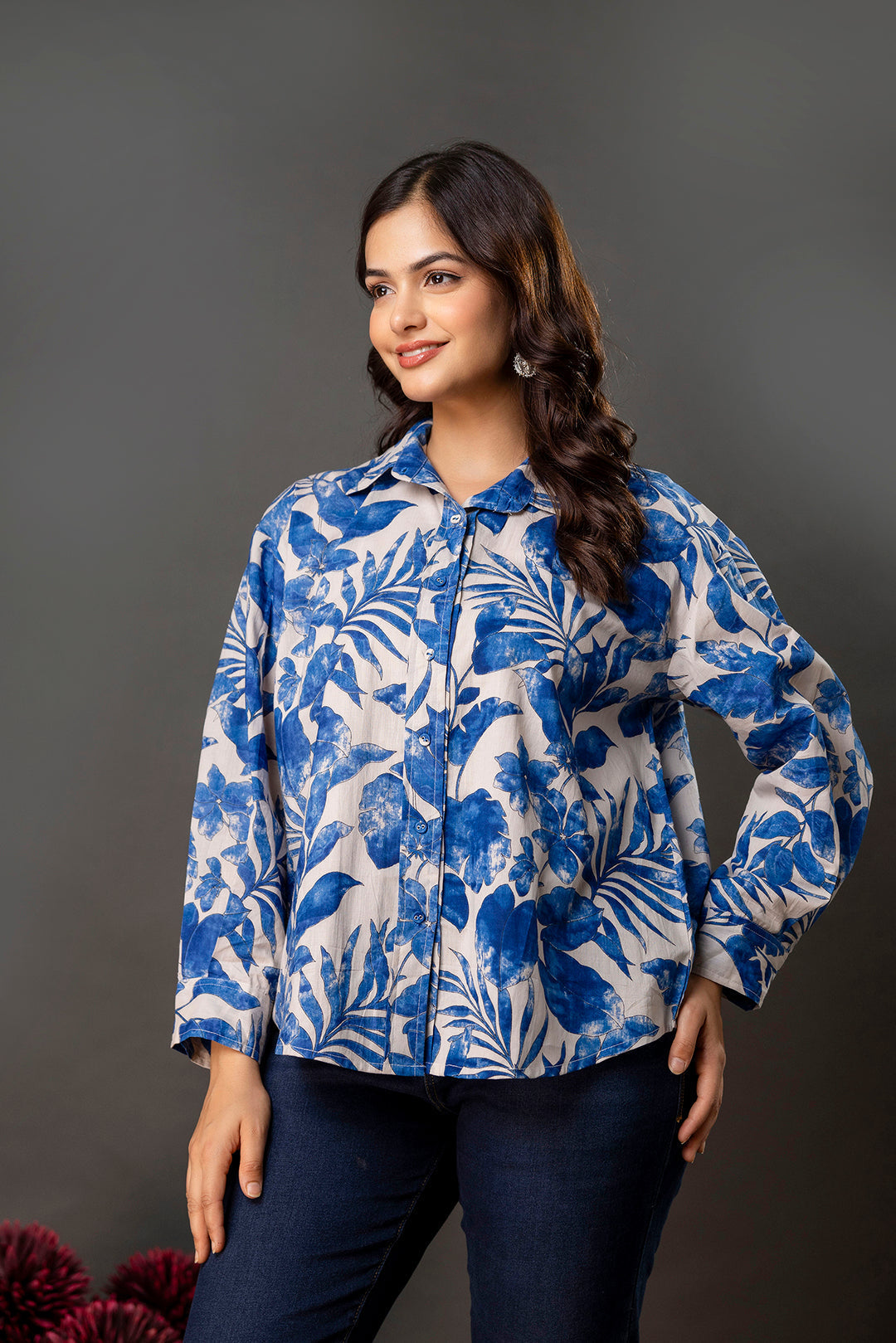White & Blue Floral Printed Shirt