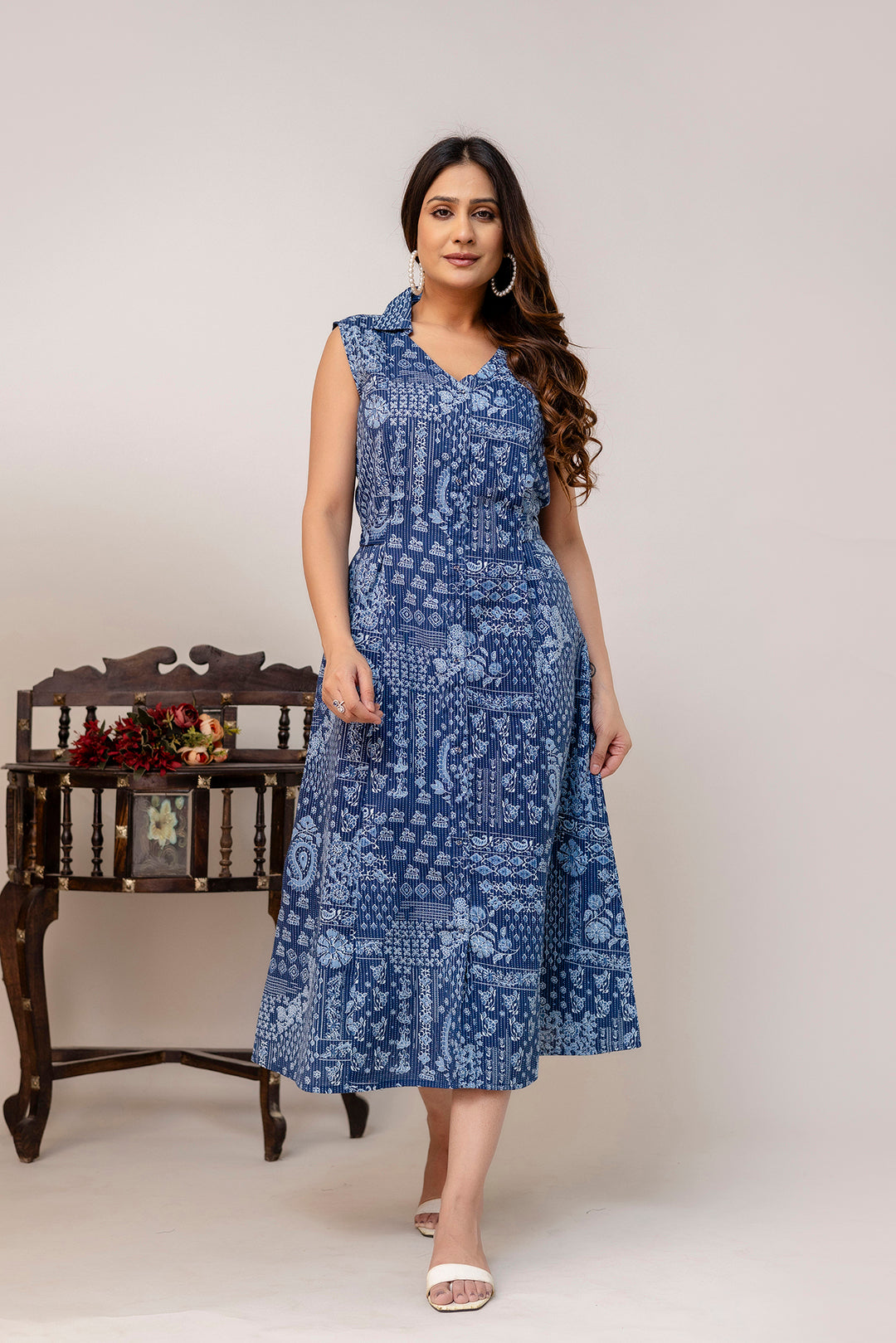 Blue Printed Notched Collar Dress