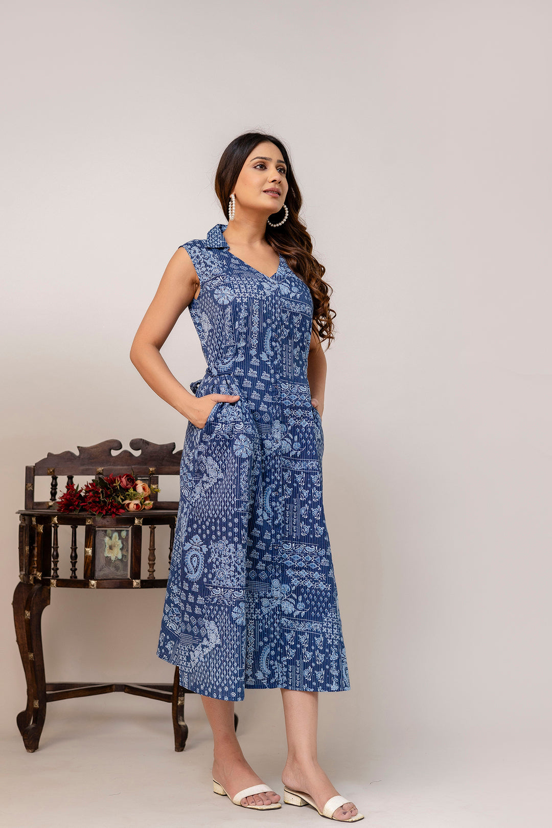 Blue Printed Notched Collar Dress